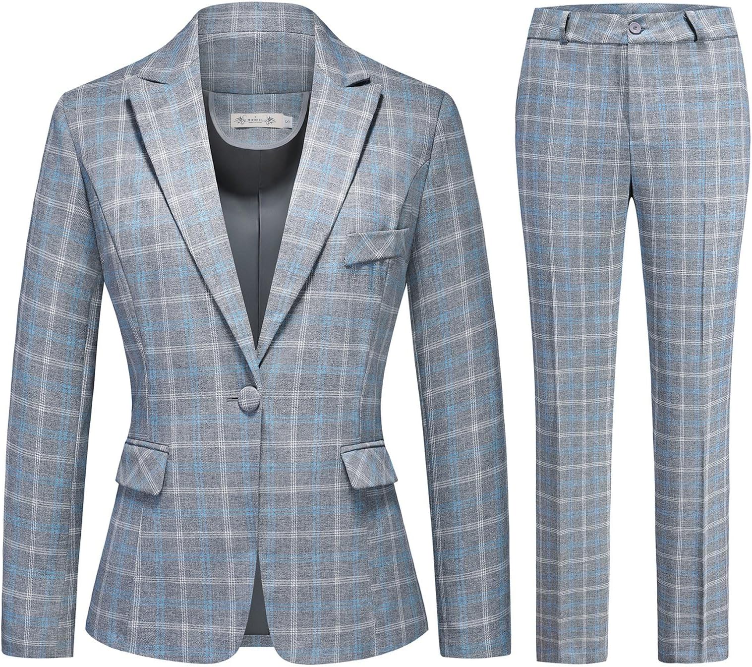 Womens 2 Piece Plaid Suits Set Business Office One Button Blazer Jacket Casual Long Sleeve Pant Suit Set