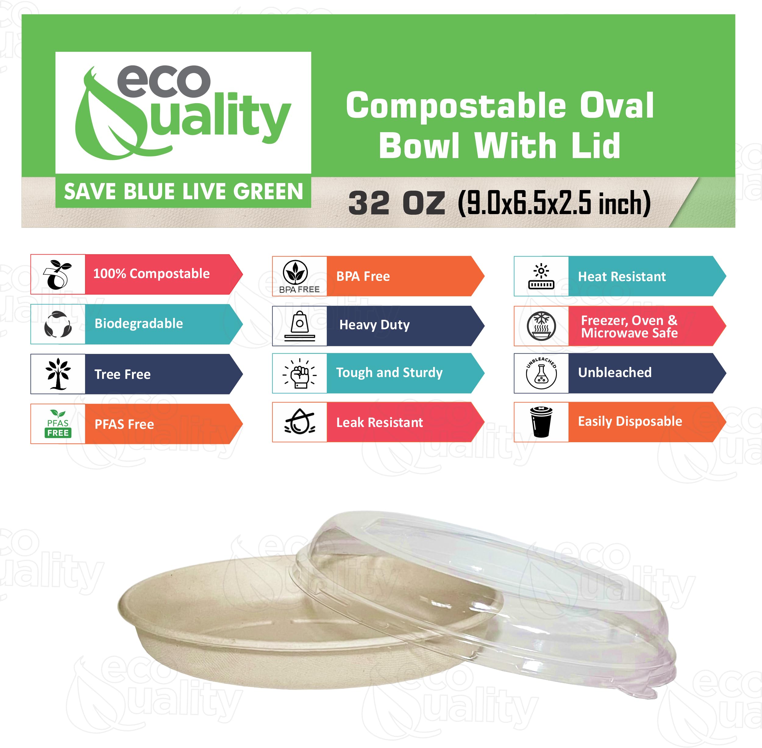 32 oz Disposable Compostable Fiber Oval Burrito Bowls with Dome Lids Heavy-Duty, Eco-Friendly Natural Bagasse Unbleached, Heat Resistant, Biodegradable Paper Salad Bowls Alternative to Plastic (25)