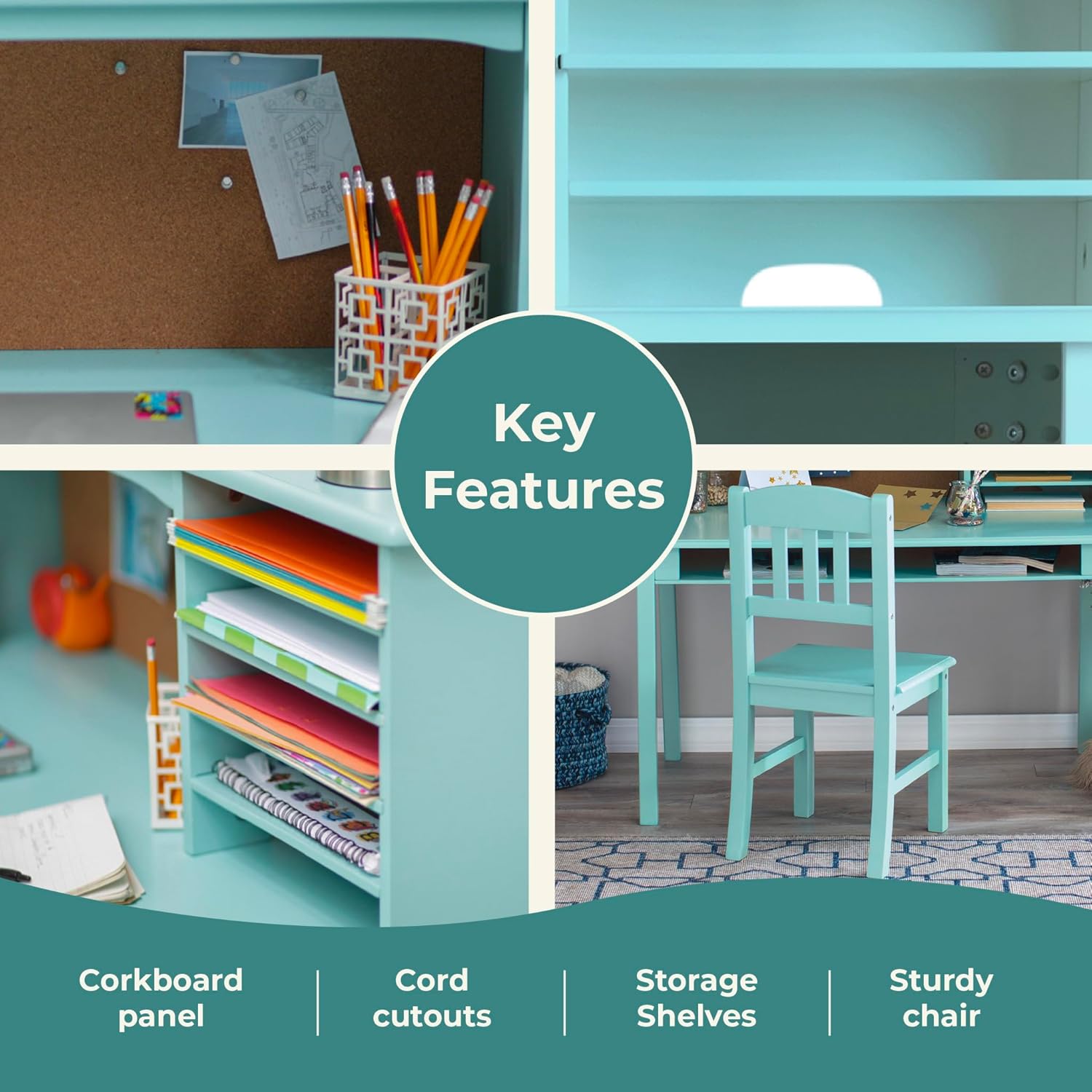 Guidecraft Kids Media Desk, Hutch and Chair Set - Teal: Student's Study Desk With Storage, Computer Workstation | Wooden Bedroom Furniture Set