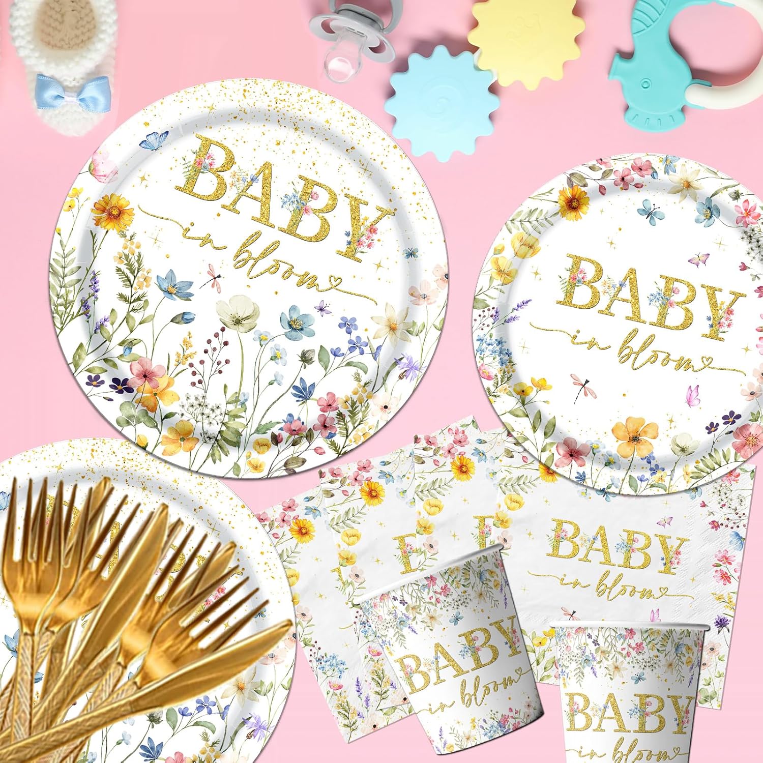 178Pcs Baby in Bloom Baby Shower Decorations-Wildflower Paper Plates and Napkins Kit Girls Floral Baby Shower Dinnerware Serves 24