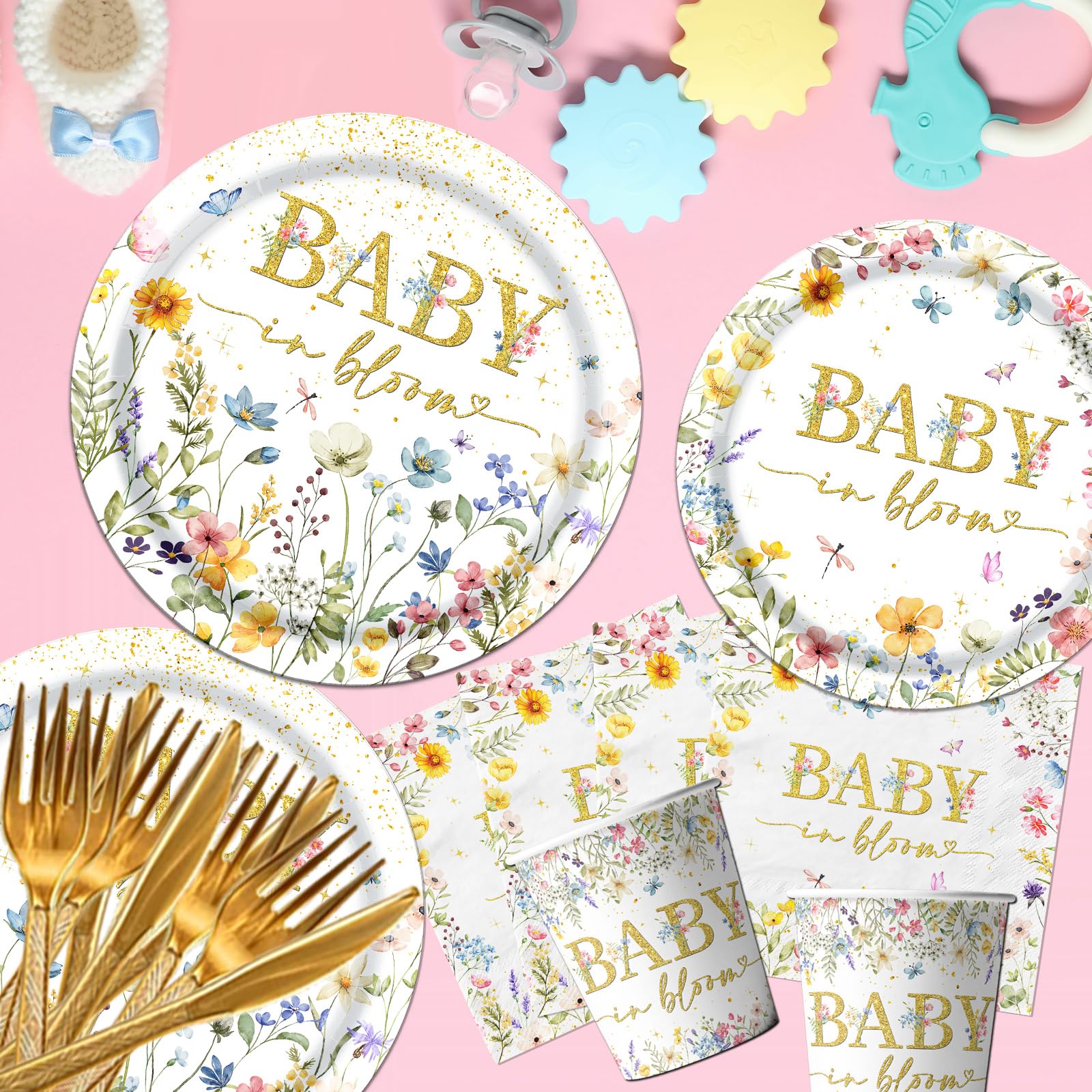 178 piezas de decoraciones para baby shower con diseño de flores silvestres, platos y servilletas de papel para niñas, vajilla floral para baby shower, sirve 24
