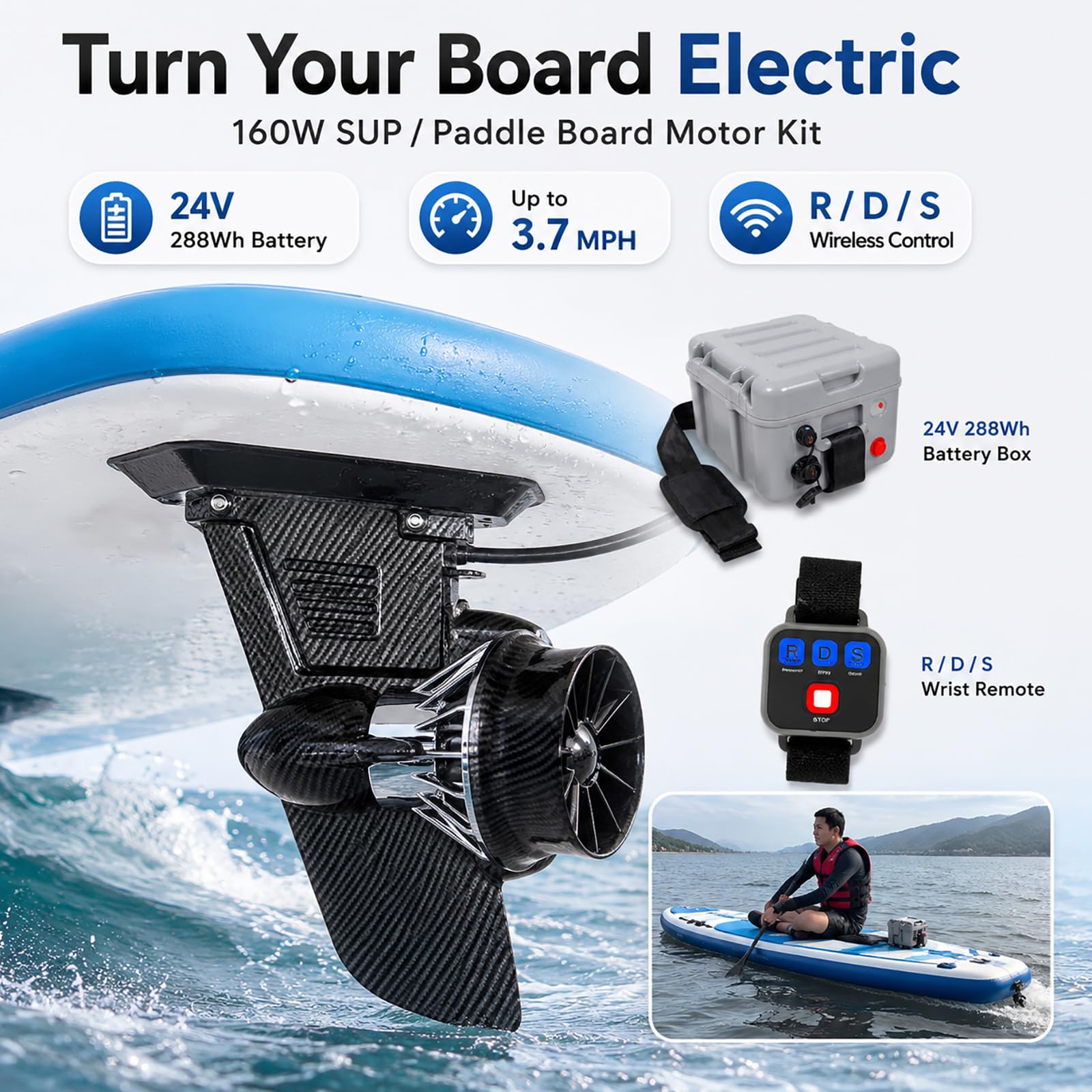Motor Eléctrico para Tabla SUP, Kit Motor Paddle Surf con Maletín de Transporte y Hélice de Repuesto