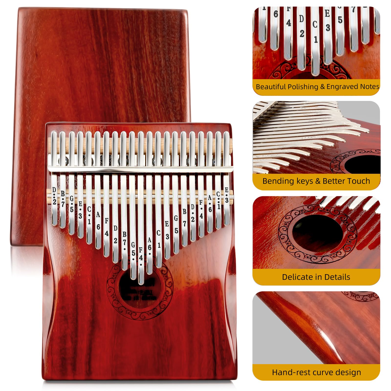 Kalimba Daumenklavier, YUNDIE tragbares Mbira-Fingerklavier mit 21 Tasten, Stimmhammer und Lernanleitung, Musikinstrumente, Geschenk für Erwachsene, Anfänger, Profis (Braunrot) (21 Tasten)