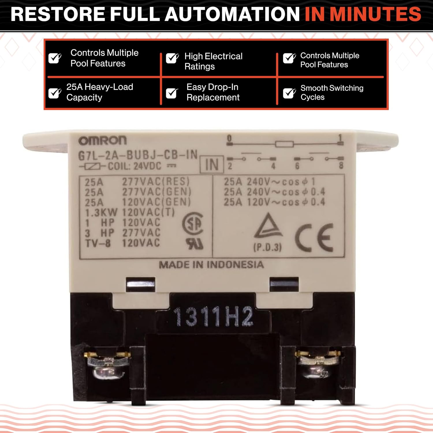 Swimables 143T145A Intermatics Relay Replacement - 24V DC DPST, 25A High-Load Pool Equipment Relay Compatible with Pool Timers & Automation Systems for Pumps, Heaters, Lights & Water Features
