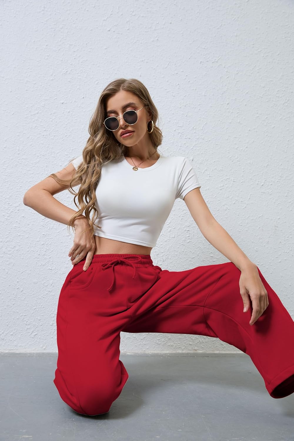 Hongsui Women's Barrel Leg Pants Elasticated Waistband Soft Wide Leg Pants with Pockets Casual Sweatpants - Image 6