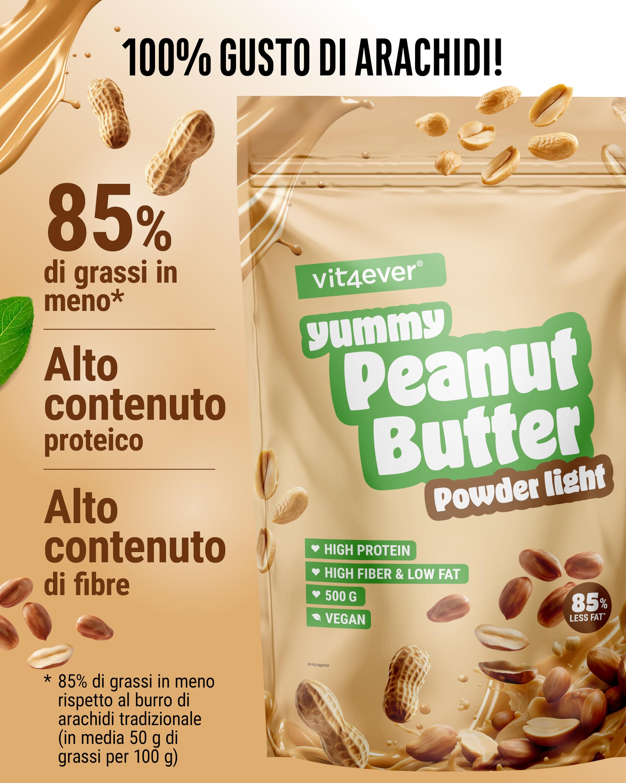 Burro di arachidi light in polvere 500g - Burro di arachidi in polvere 85% di grassi in meno, senza zucchero - Crema di burro di arachidi dal sapore delizioso - Vit4ever