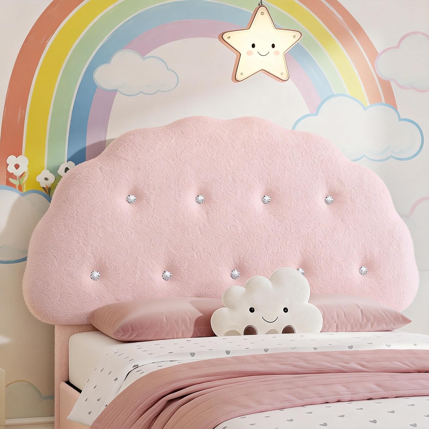 Teddy Velvet Full Size Bed Frame with LED Lights, Cookie Floating Platform Bed Frame, Adjustable Headboard and Elevated Footboard, Noise Free,Princess Room Upholstered Bed Frame, (Pink)