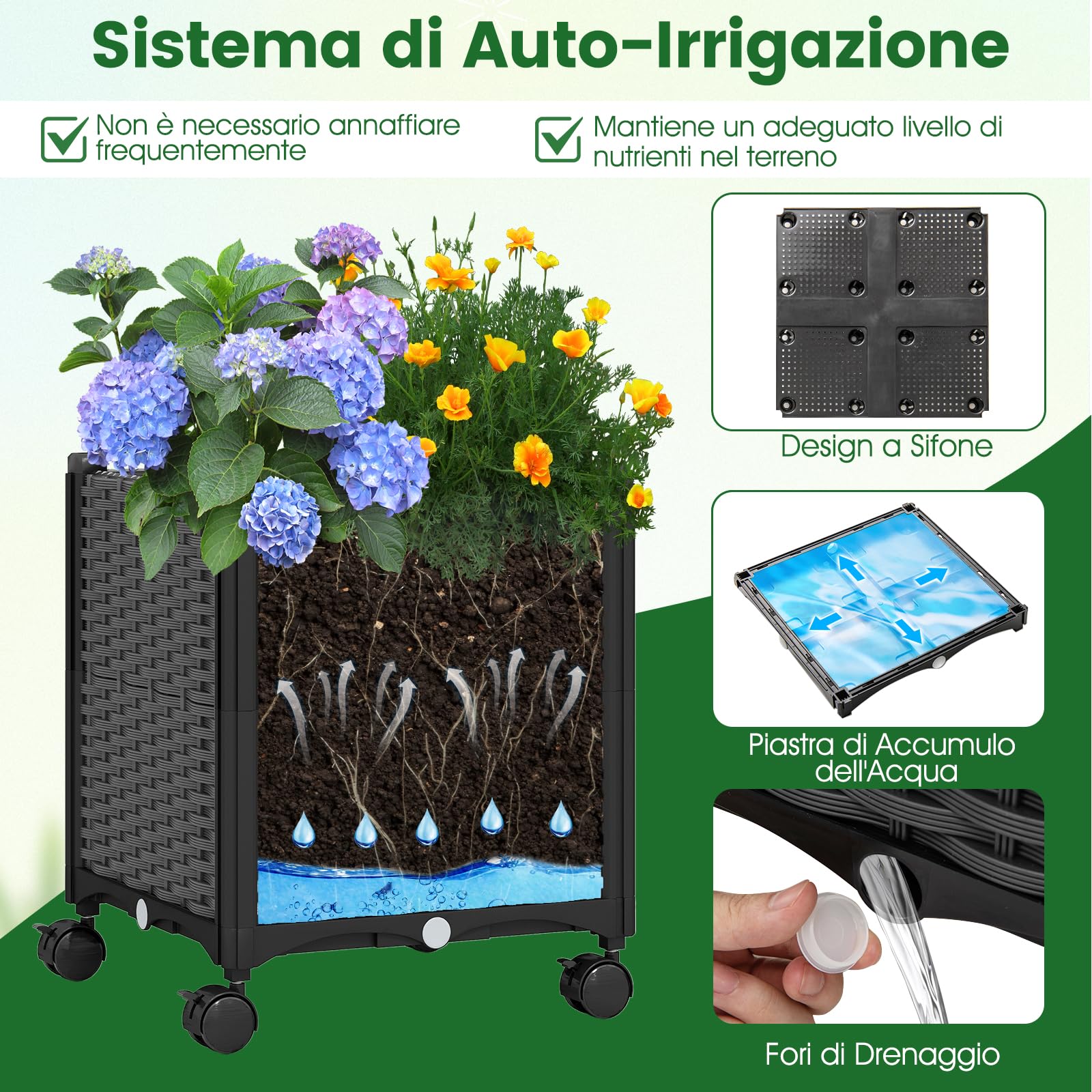 COSTWAY Arco da Giardino con 2 Fioriere Auto-irriganti e Ruote, Supporto per Piante in Metallo Rivestita PE Antiruggine, Grande Arco per Viti e Rose da Matrimonio all'Aperto (Grigio)