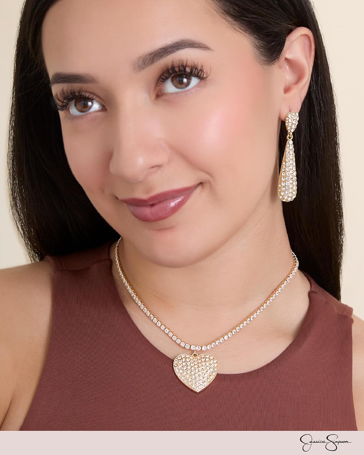 Jessica Simpson Clear Crystal Heart Necklace for Women, 15"+3" Gold-Tone Tennis Necklac, Valentines Day Gifts for Her - Image 2