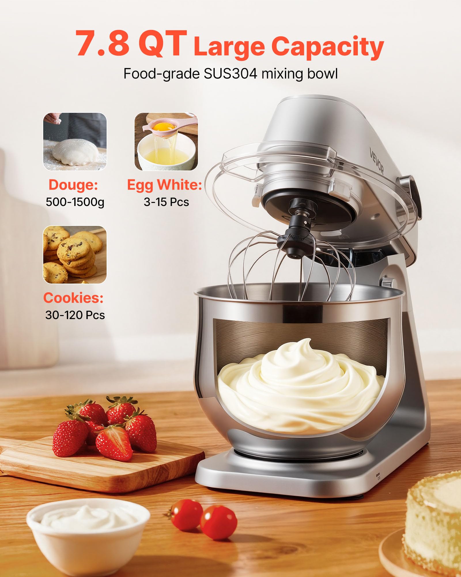 VEVOR Batidora de Pie, 1800 W, Bol de Acero Inoxidable, 7,4 L, Gancho para Amasar, Batidor y Varillas, 10 Velocidades, Inclinación Ajustable, 411 x 253 x 342 mm, a Mezclar Crema, Verduras y Masa