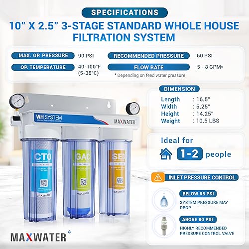Miniatura 2 de Max Water Sistema de filtración de agua estándar de 3 etapas (bueno para agua de la ciudad) de 10 pulgadas para toda la casa – Sedimento + GAC + CTO