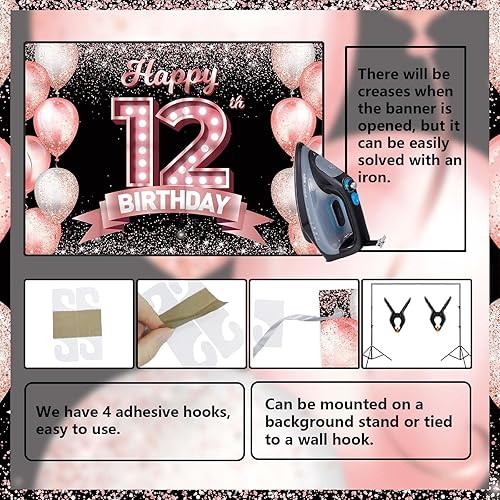 Miniatura 4 de Cartel de feliz cumpleaños número 12 de oro rosa, telón de fondo con texto en inglés "Cheers to 12 years old confeti globos", decoración temática