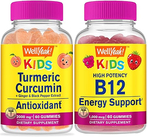 Curcumina de cúrcuma para niños + vitamina B12 para niños, paquete de gomitas Gran sabor, suplemento vitamínico, sin gluten, sin OMG, gomita