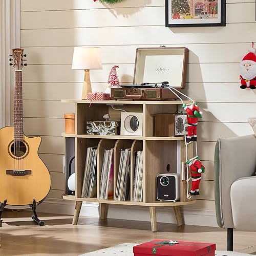 Miniatura 3 de LELELINKY Soporte redondo grande para tocadiscos con estación de carga y estante de exhibición estriado, gabinete giratorio moderno de mediados de