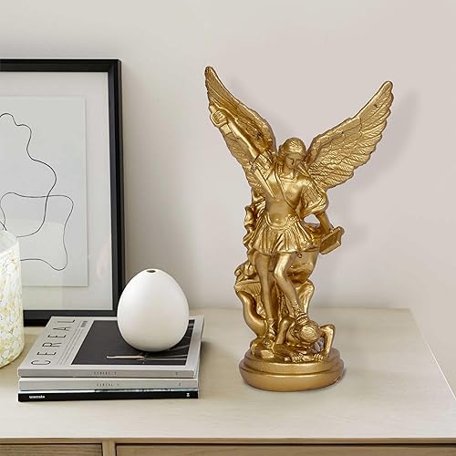 Miniatura 2 de Estatua de San Miguel Arcangel de San Miguel, escultura de ángel de oro pequeña de 5.2 pulgadas para colección católica cristiana