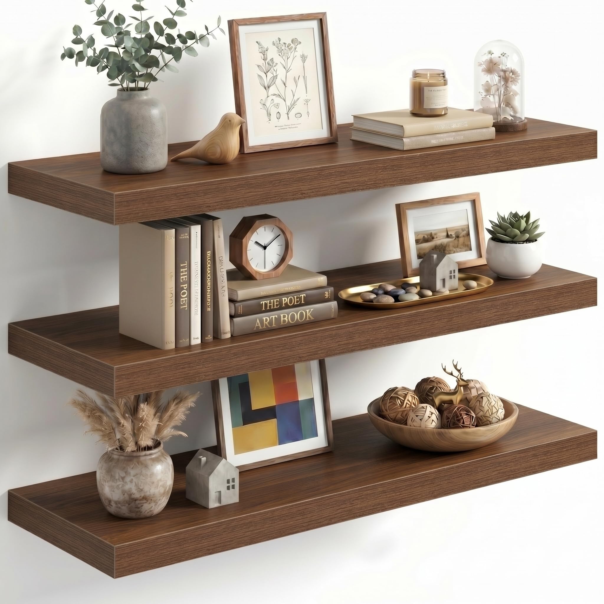 Fun Memories 30 Inch Floating Shelves for Wall, Walnut Wood Wall Mounted Shelf with Invisible Bracket, 10 Inch Deep Large Shelves for Living Room Bathroom Bedroom, Set of 3