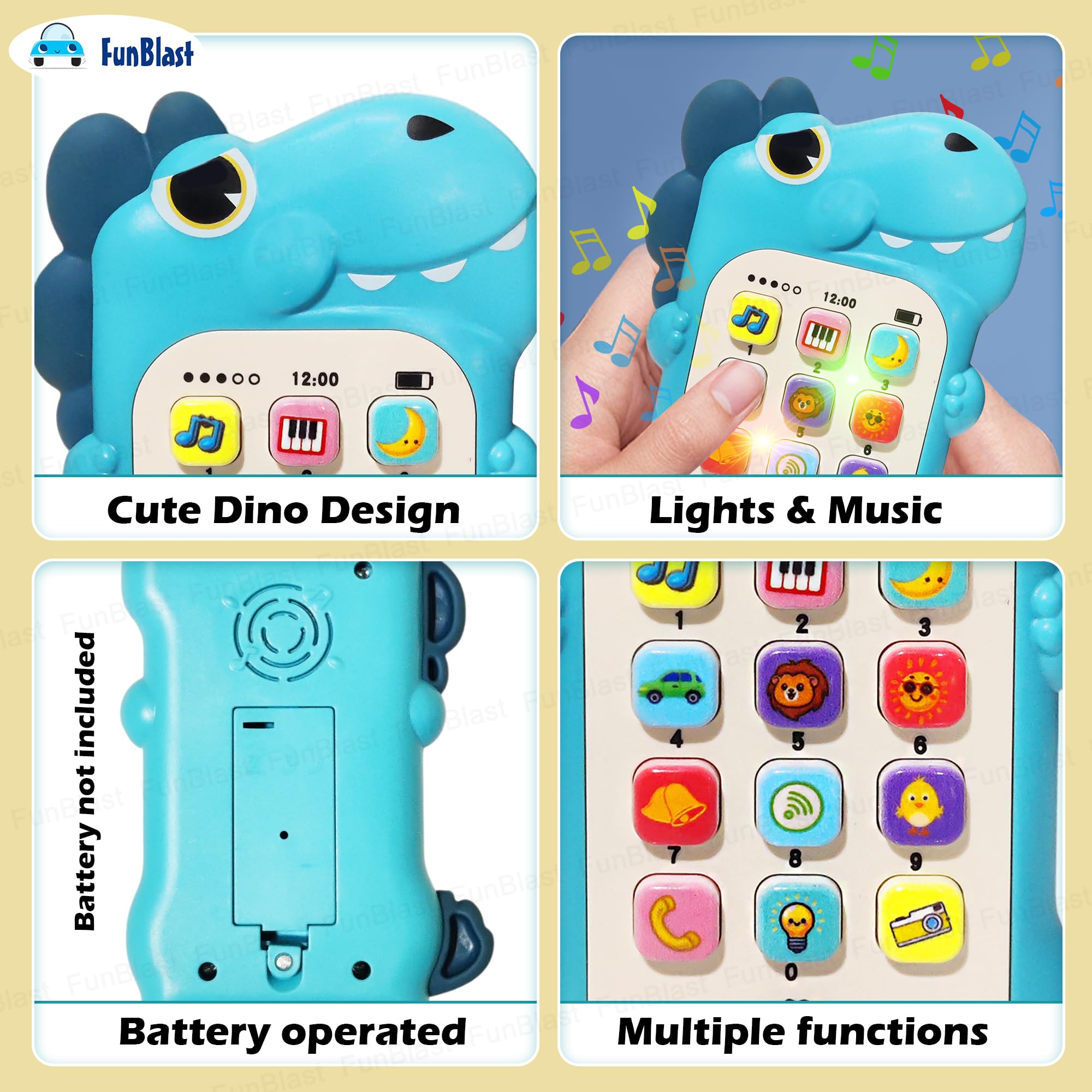 FunBlast Cartoon Musical Mobile Phone for Kids, Mobile with Light & Sound Toys for Babies | Educational Toys for Kids 3+ Years/Boys/Girls-1 Unit (Dino-Blue) 3