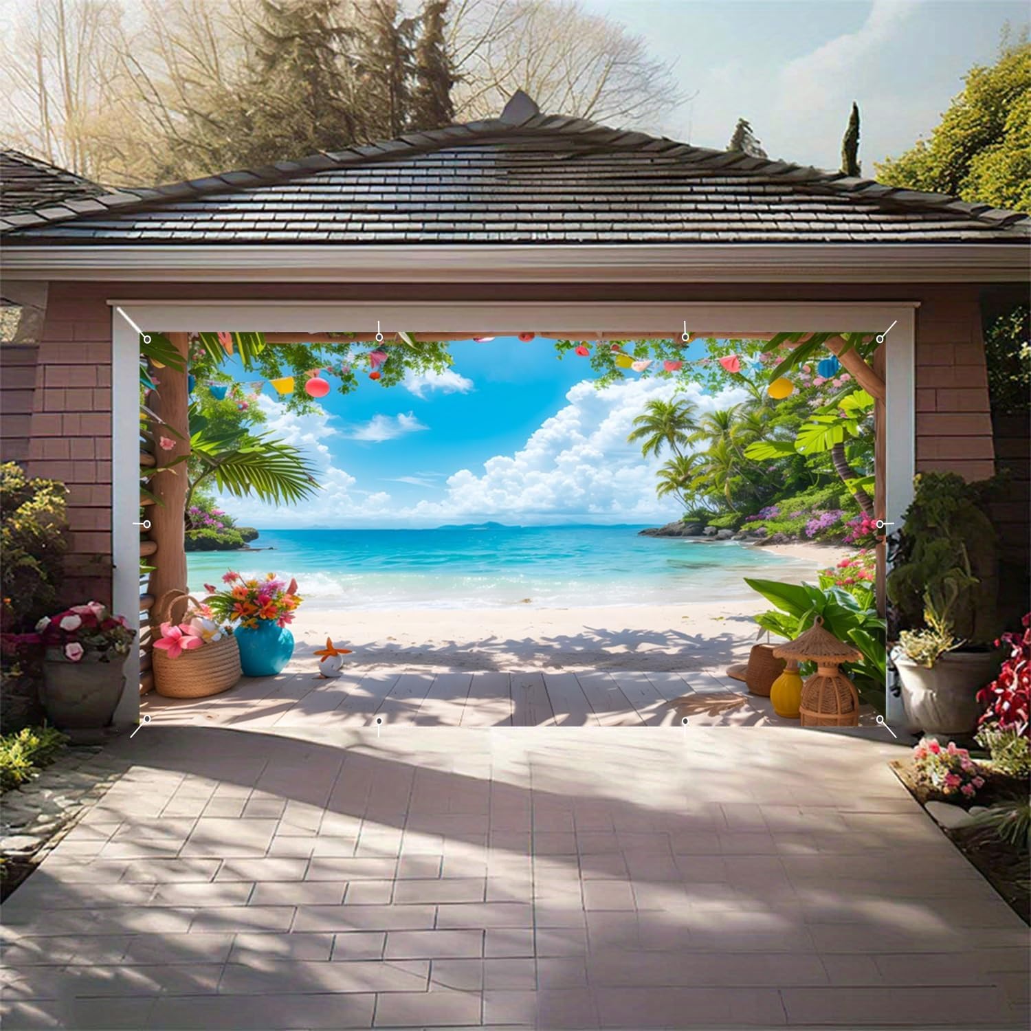7x16ft Tropical Beach Garage Door Cover Greenery Palm Trees Garage Door Summer Decorations Banner for 2 Car Garage Large Hawaiian Banners for Outdoor Luau Party Supplies