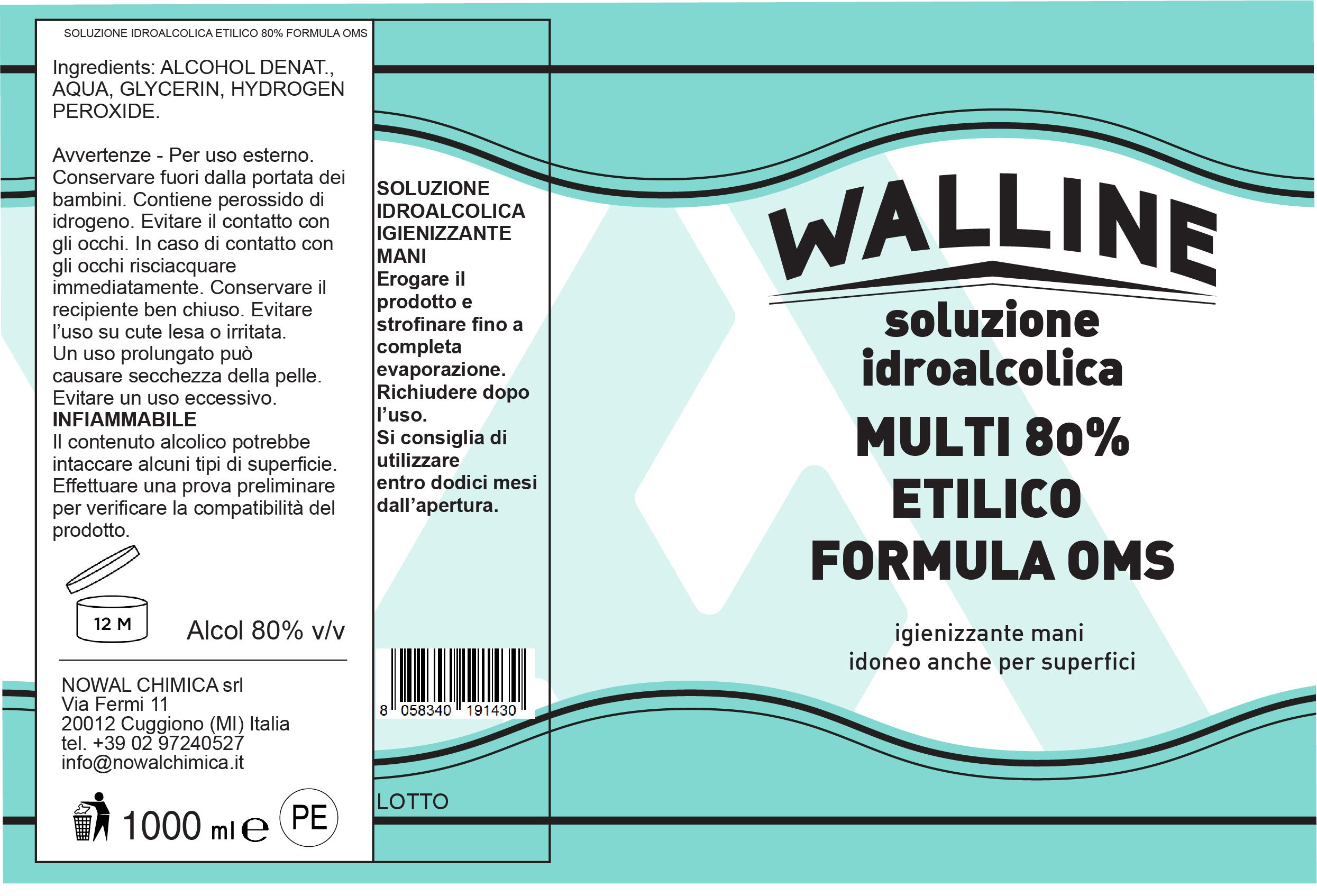 Soluzione Idroalcolica MULTI 80% ETILICO FORMULA OMS - Kit Walline MULTIUSO RICARICA 4L igienizzante mani e superfici