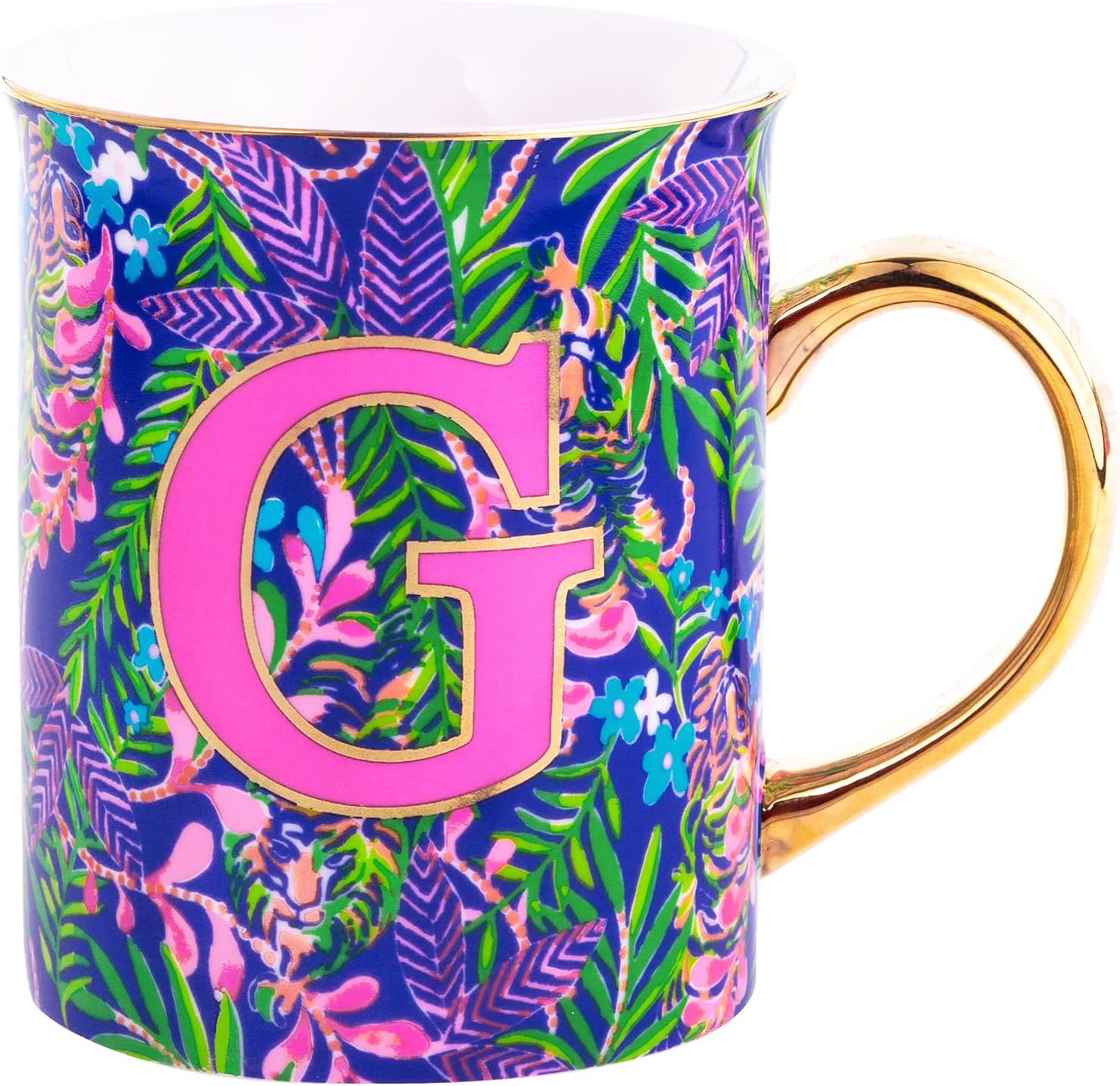 Lilly Pulitzer Initial Ceramic Coffee Mug, 14 Oz Tea Cup, Cute Mug with Gold Handle and Gift Box, G (How You Like Me Prowl)