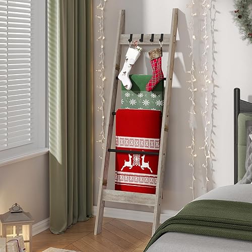 Blanket Ladder for Living Room, Decorative Quilt Rack with 4 Removable Hooks, 5-Tier Farmhouse Ladder Holder Shelf Organizer for Bedroom, Greige and Black BR02105B