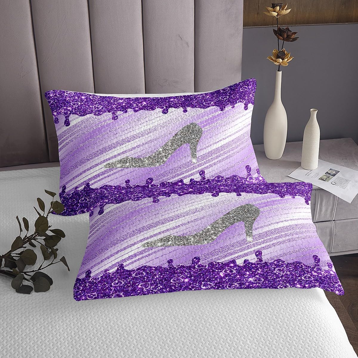 Feelyou Purple Glitter Print Bedspread Twin Size Shoes Coverlet Set Diamond Print Quilt Set Pastel Decor Bed Cover for Boys Girls Kids Adults(No Glitter)