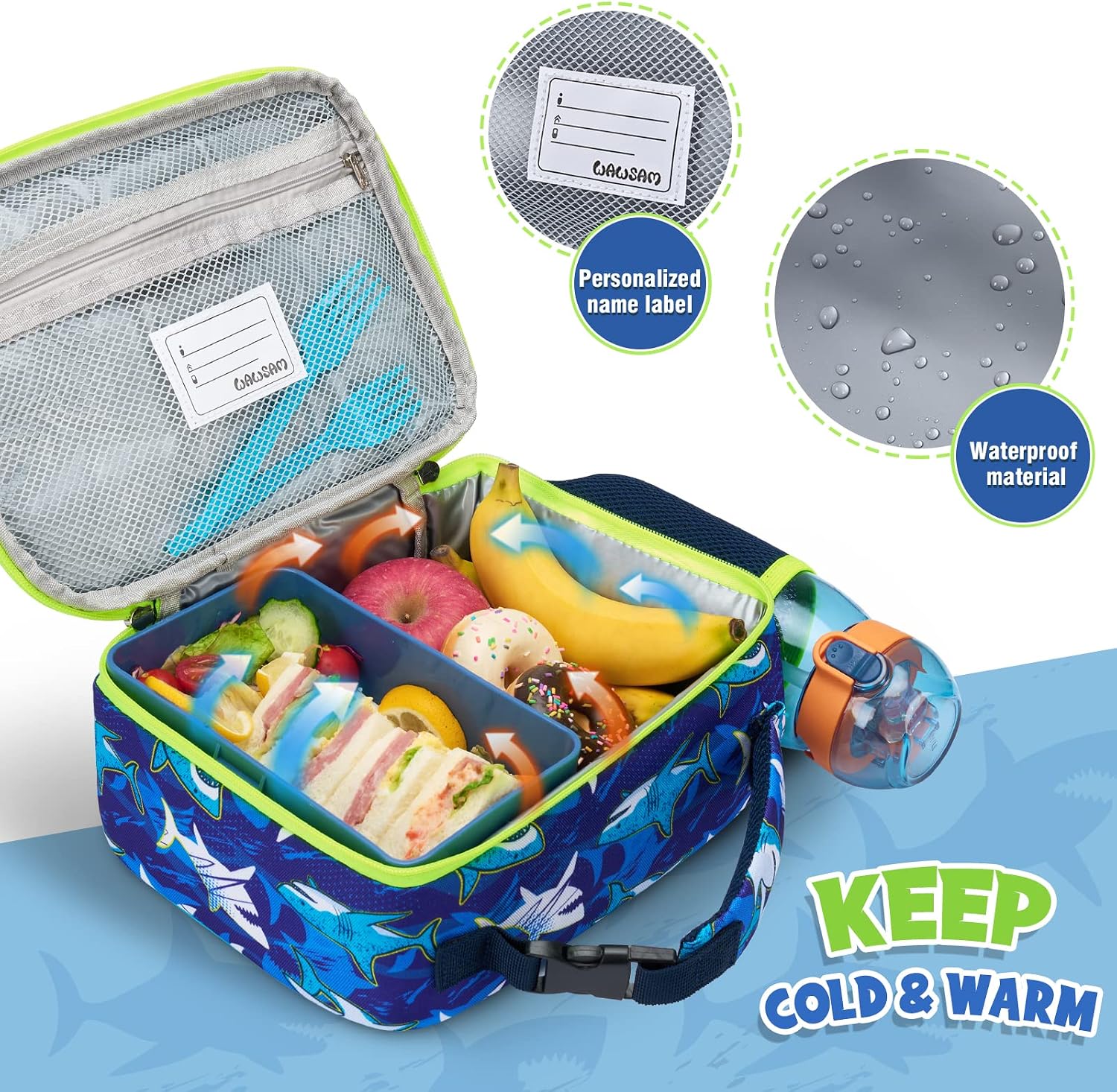 WAWSAM Shark Lunch Box - Insulated Kids Lunch Bag for Boys Student Back to School Portable Reusable Lunch Box for Kindergarten Preschool Lunch Bag with Handle and External Bottle Holder