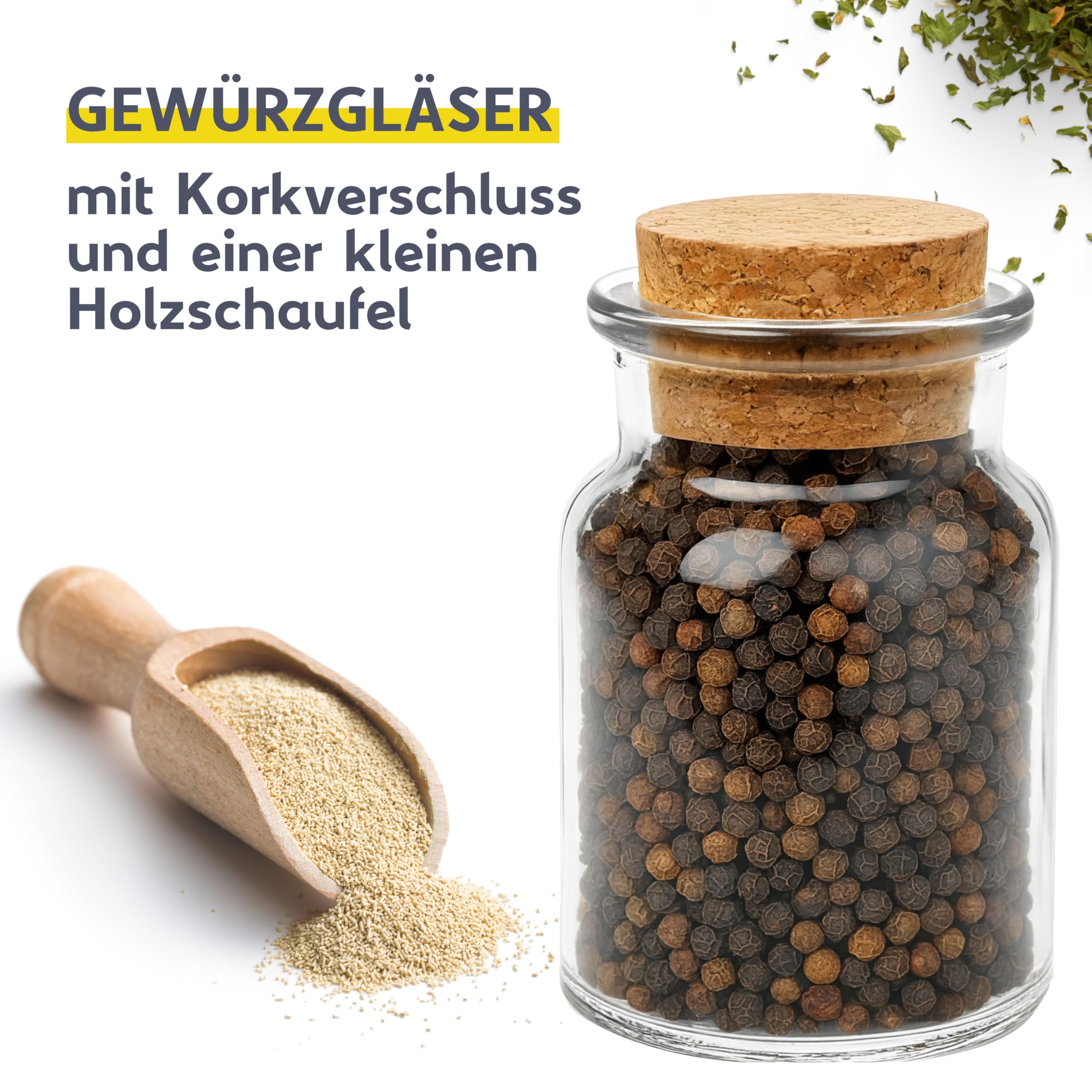 mikken 24 Gewürzgläser 150ml mit Korken – runde Glasbehälter mit Kork-Verschluss inkl. Holzschaufel – Vorratsgläser für Gewürze, Kräuter & Deko (24)