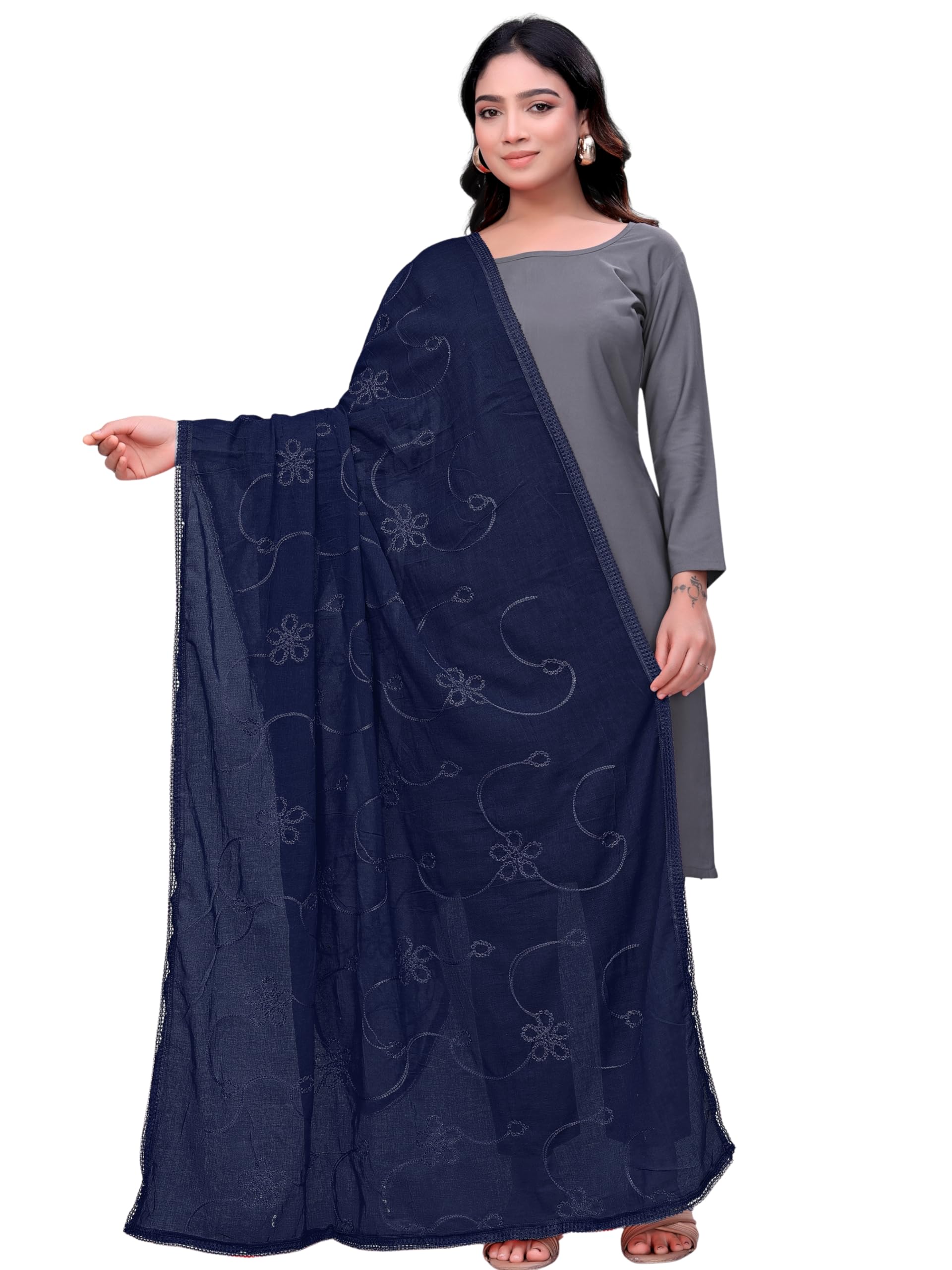 kemza Pure Cotton Phulkari Embroidered Dupatta with Floral Pattern and 4 Side Lace Border-picture-46