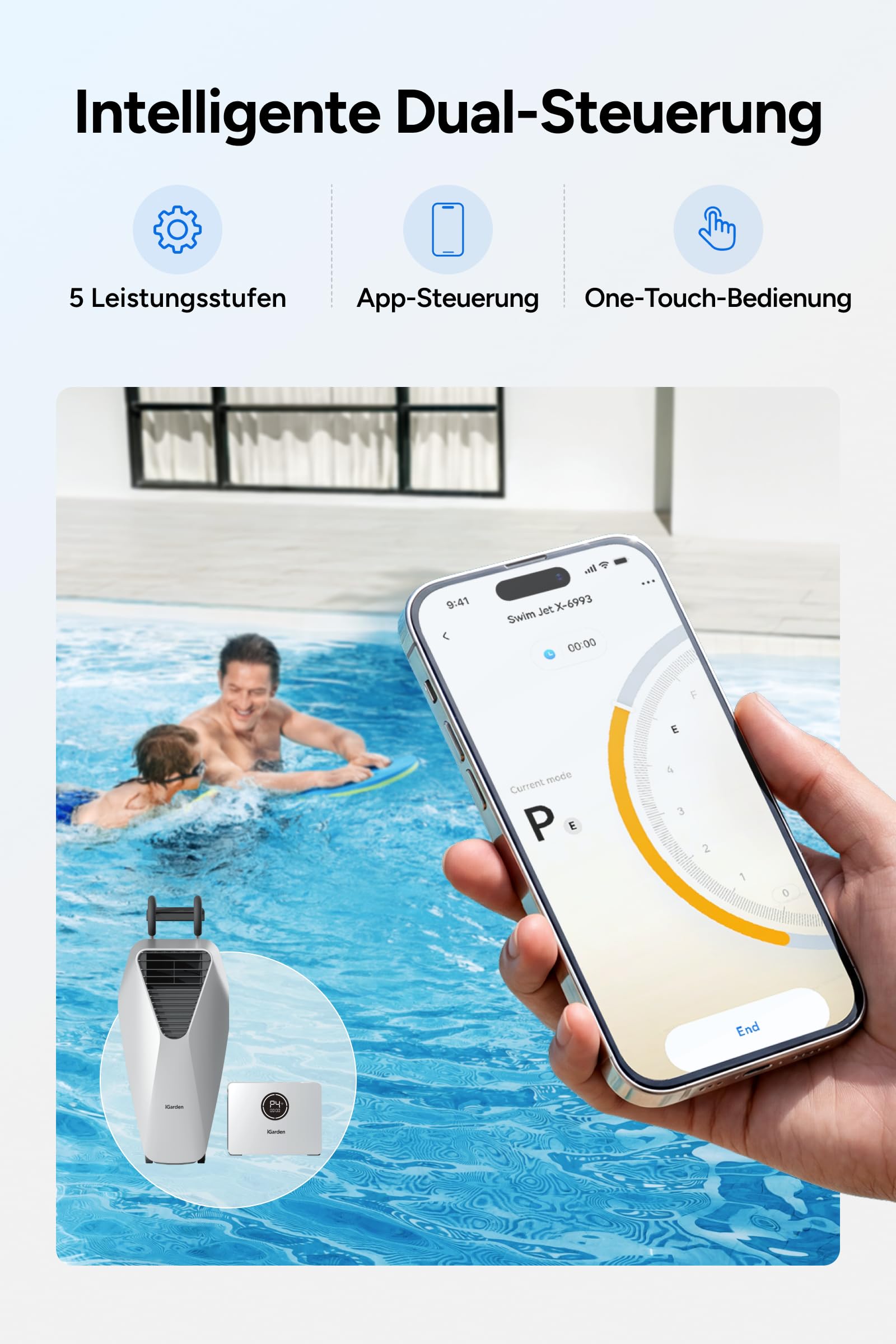 iGarden Tragbare Gegenstromanlage X-Serie für Pool, Schwimmmaschine mit anpassbaren Stufen, Ohne Installation, Akkubetrieb, App-Steuerung für Training & Spaß