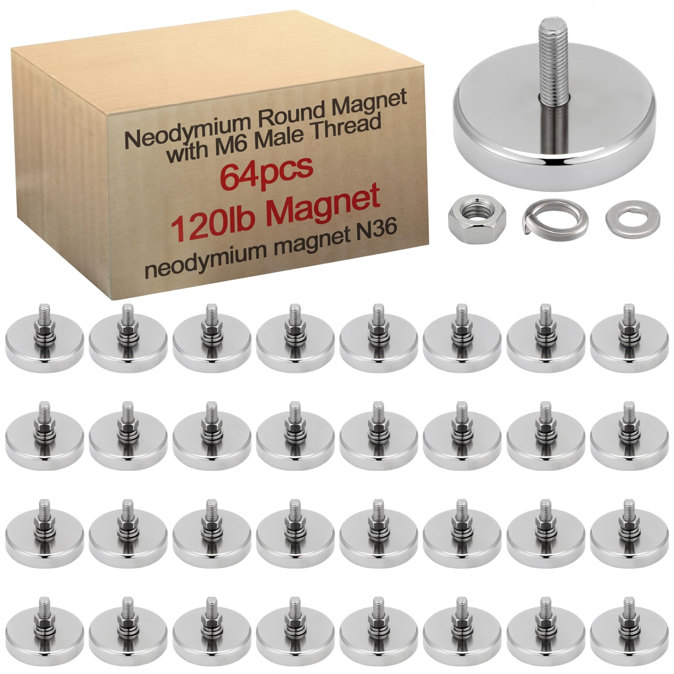 Flutesan 32 Pieces Heavy Duty Round Mounting Magnet with Bolt 1.42in-120lb-M6 Silver with Male Thread Stud Strong Magnet Super Powerful for Lighting Camera Brackets License Plate — Amazon image 7