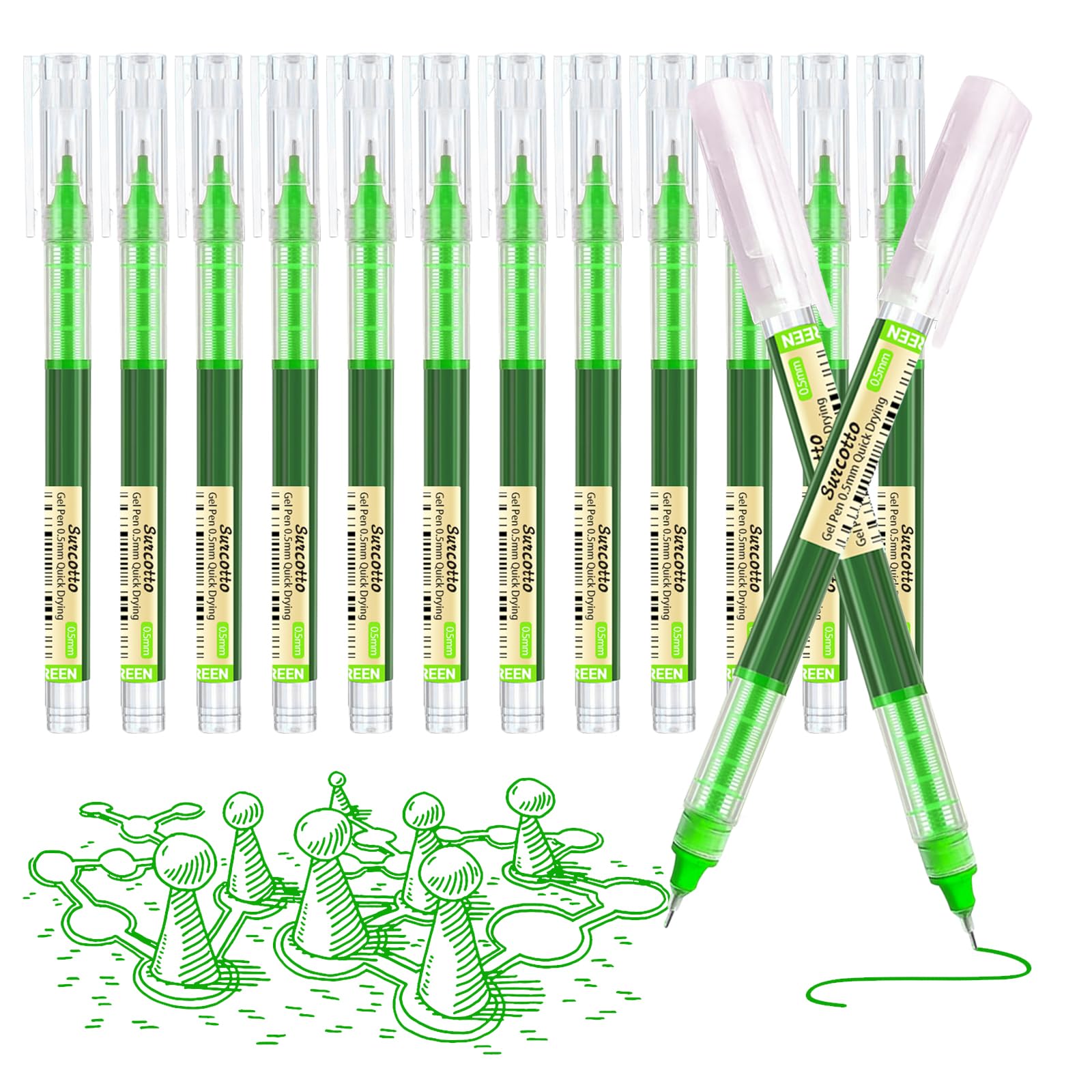 Surcotto Gel Pens, 12pcs 0.5mm Green Gel Ink Pens, Ultra-Fast Drying, Gel Pen for Writing, Drawing, and Outlining, Green Pens for Student, office worker