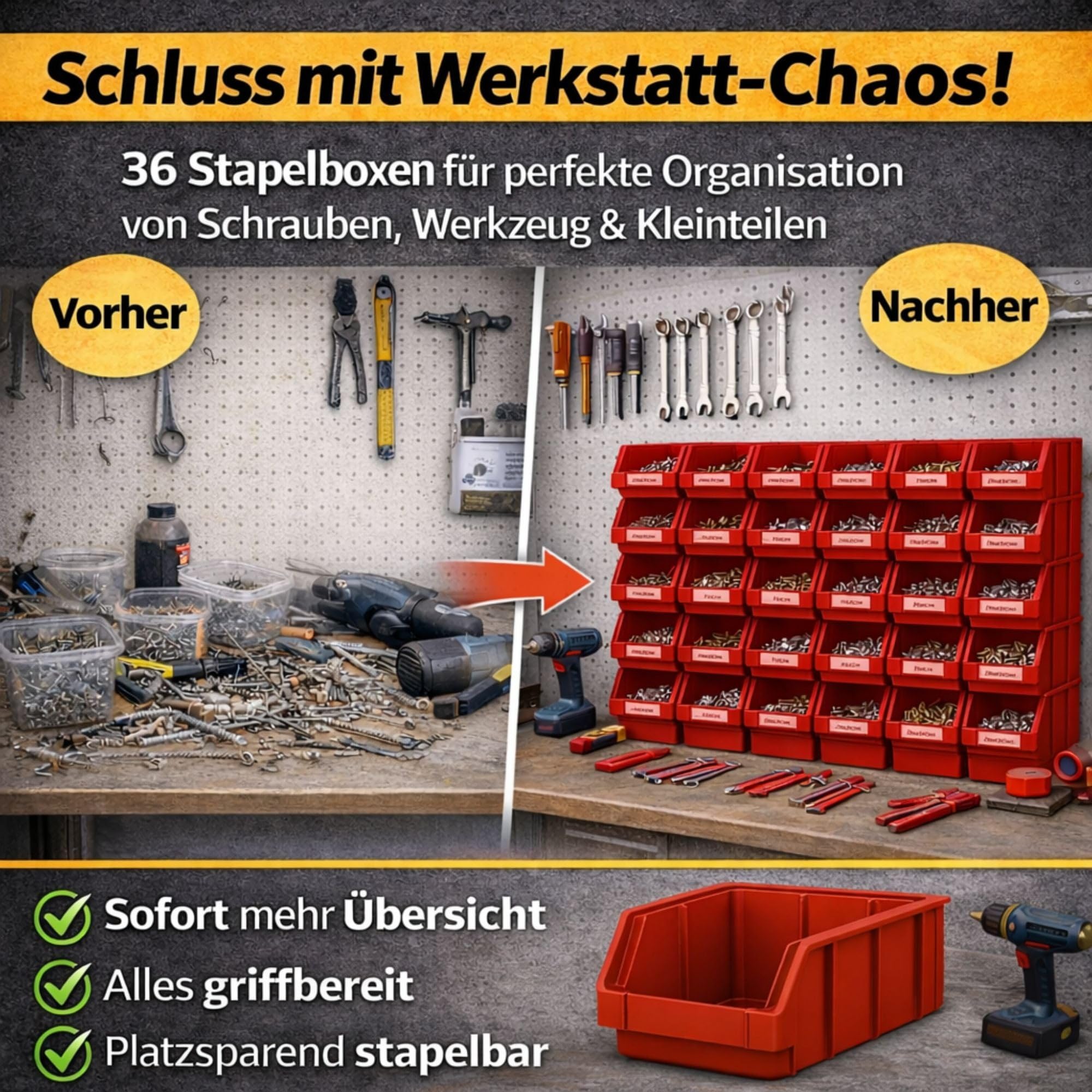 RODOPI 36er Set Stapelboxen, Größe S | Sichtlagerkästen 161x105x75mm | Robuste Lagerboxen für Werkstatt, Garage, Keller | Aufbewahrungsboxen für Kleinteile Rot
