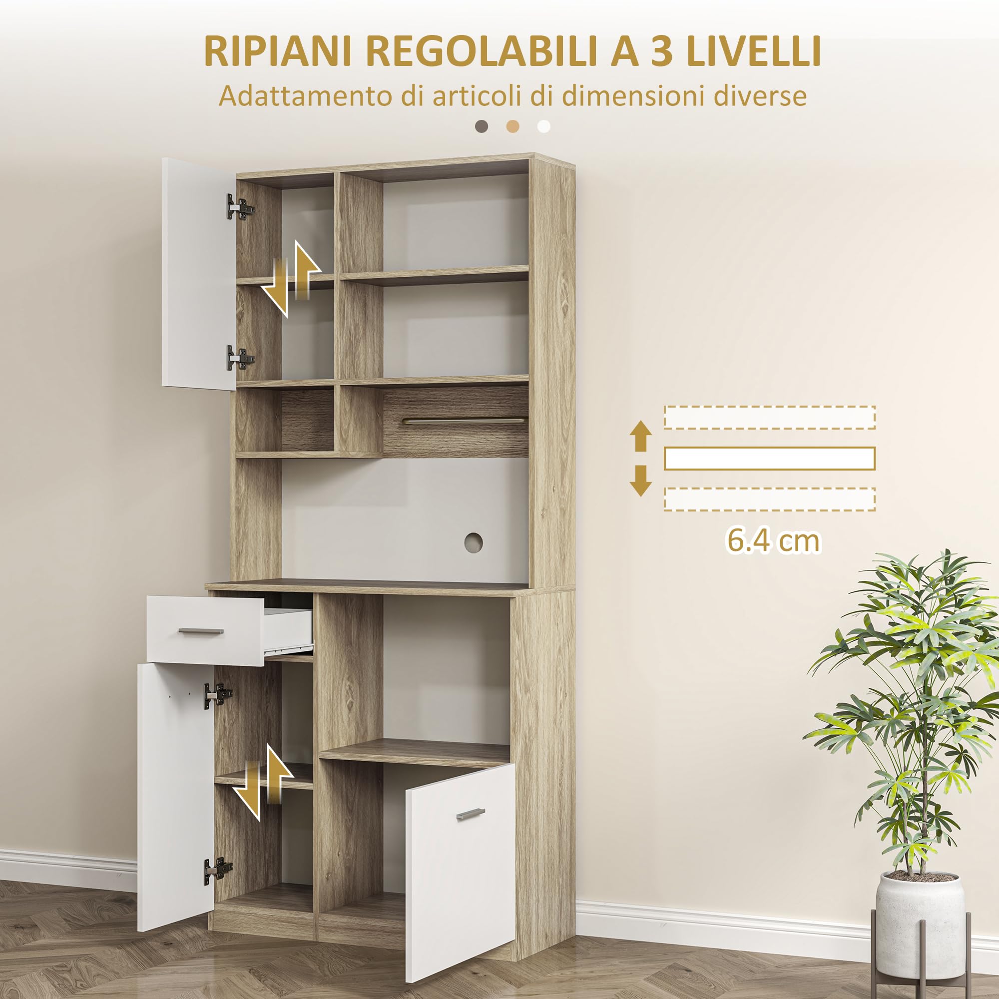 HOMCOM Credenza Cucina Alta con Cassetto, 3 Armadietti e 4 Scomparti Aperti, Mobile Dispensa con Ripiano Regolabile in Truciolato, per Soggiorno e Cucina, 80x35x180 cm, Bianco e Rovere