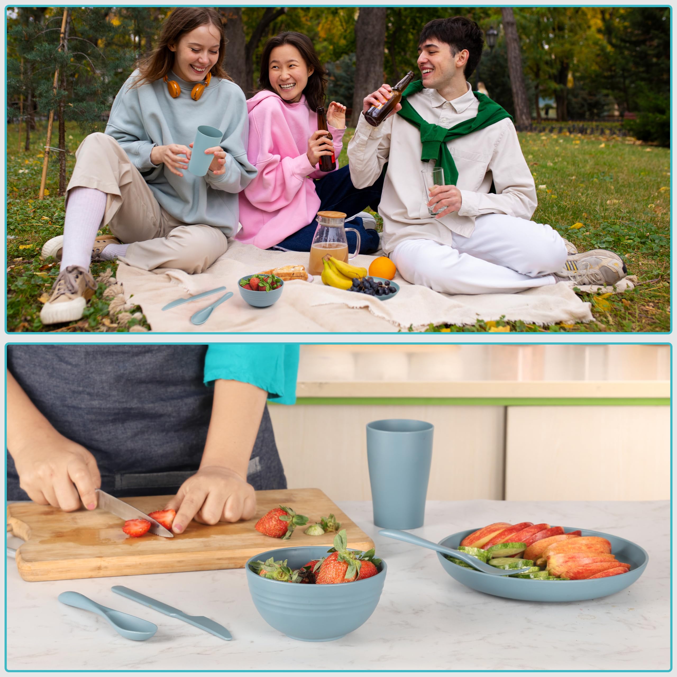 Belle Vous Kit Vaisselle Camping - Set Pique Nique 4 Pièces Plastique Reutilisable avec Assiette, Bol, Tasse et Couverts - Compatible Micro-Ondes et Lave-Vaisselle