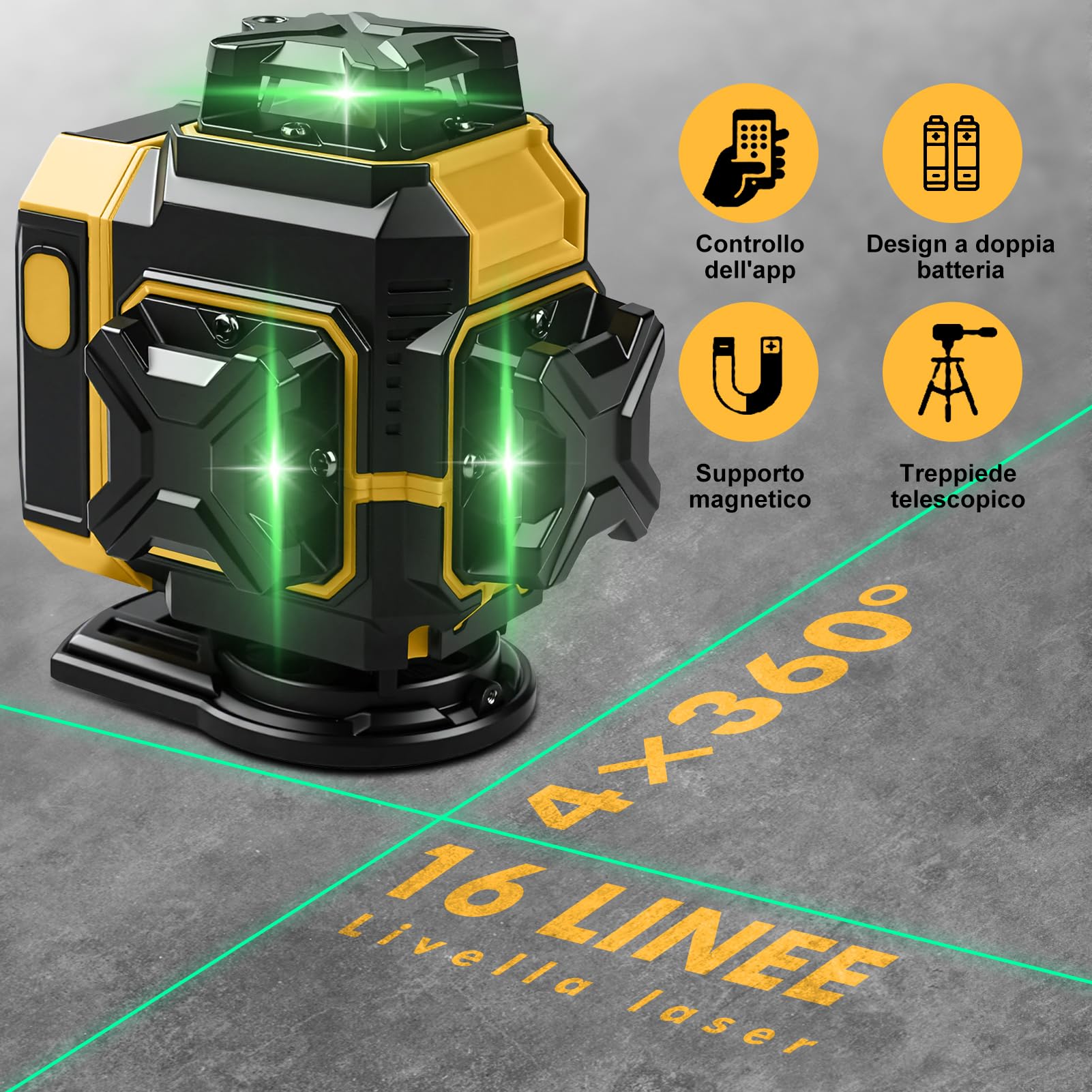 Laser a linee incrociate con treppiede, laser a linee incrociate verde 16 linee Livella laser IP54 Livella a bolla, 2 batterie da 3600 mAh, con treppiede telescopico per la posa di piastrelle