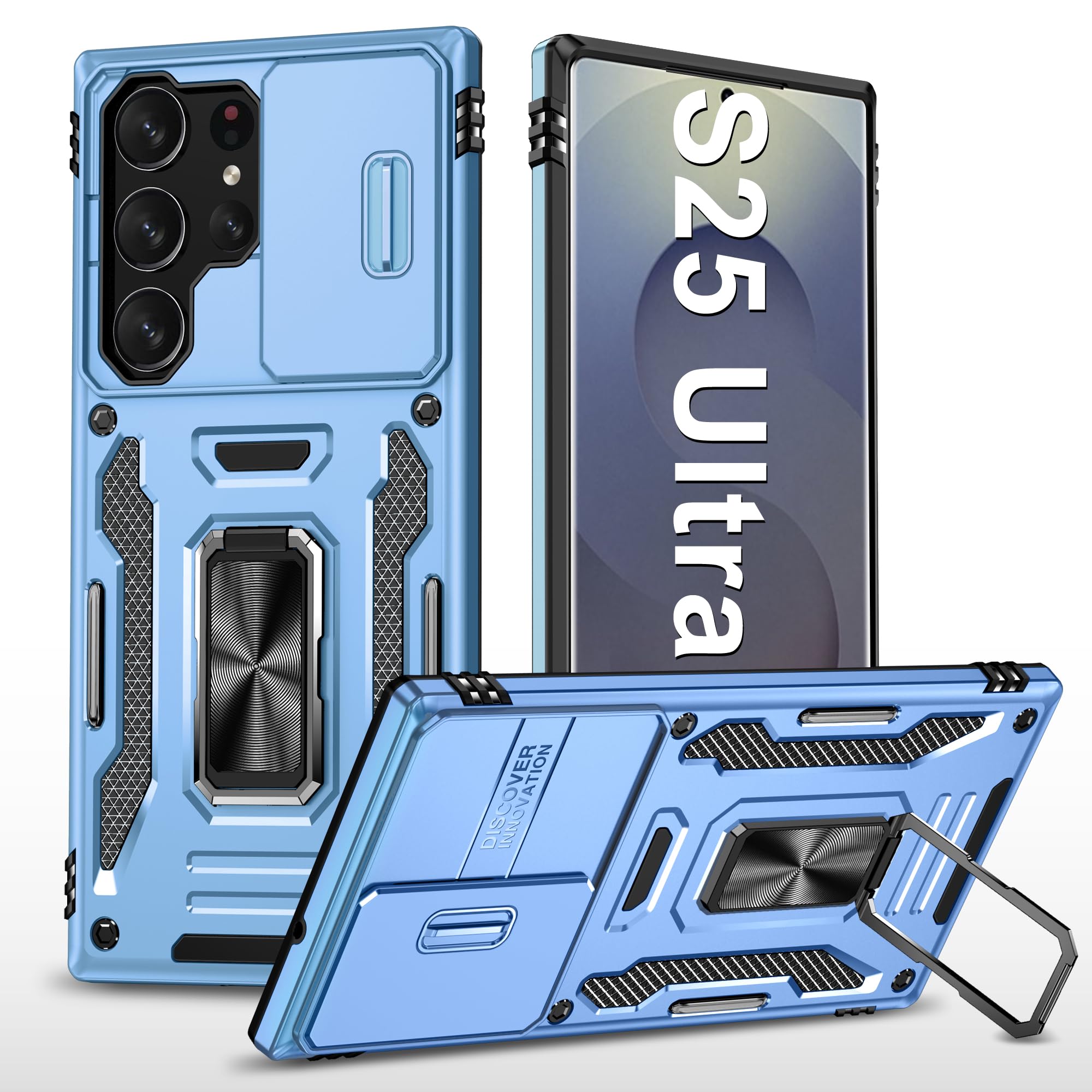 Handyhülle für Samsung Galaxy S25 Ultra Hülle mit Slide Camera mit Kameraschutz Galaxy S25 Ultra Schutzhülle 360° Drehbarer Metall Ring Ständer Stoßfest für Samsung S25 Ultra 5G (Marineblau)