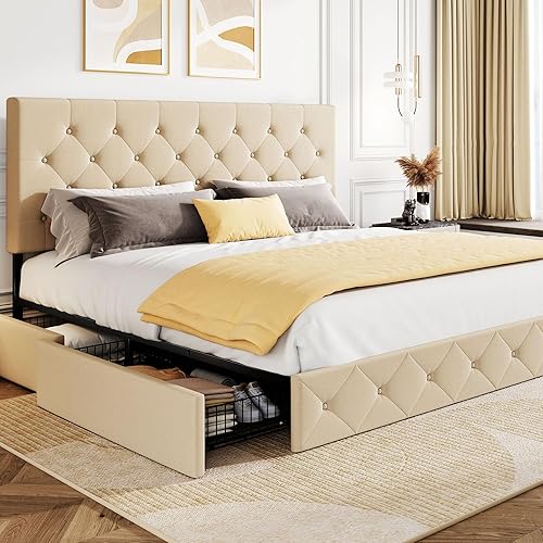 Miniatura 15 de SHA CERLIN - Marco de cama tapizado tamaño queen con plataforma, con 4 cajones de almacenamiento, cabecera ajustable con diseño de botones cosidos