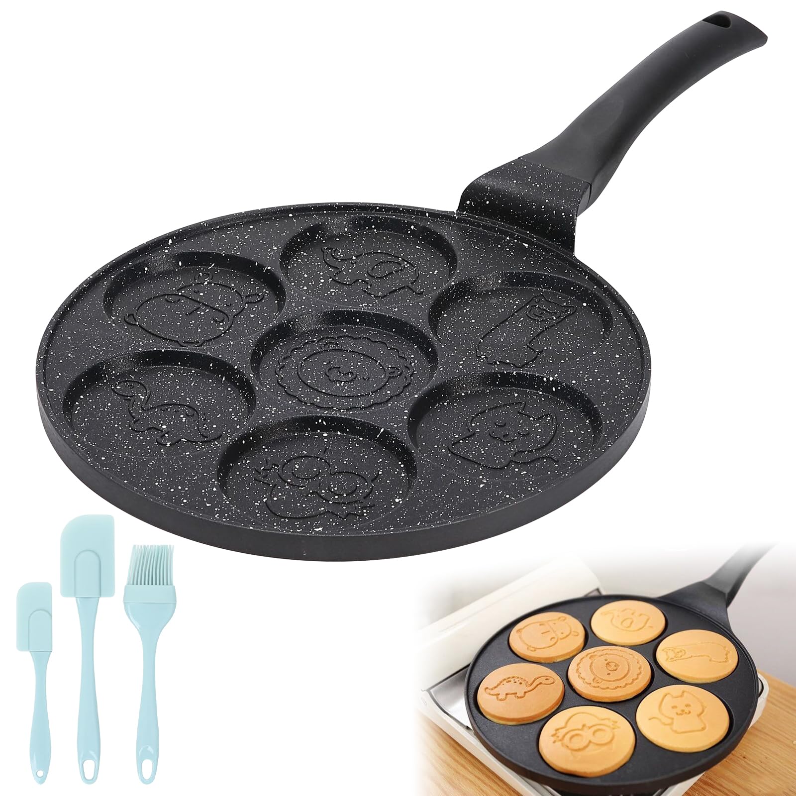 Padella per Pancake, Uova e Frittelle - 7 Fori, Pennello per Olio, Antiaderente, Diametro 26 cm
