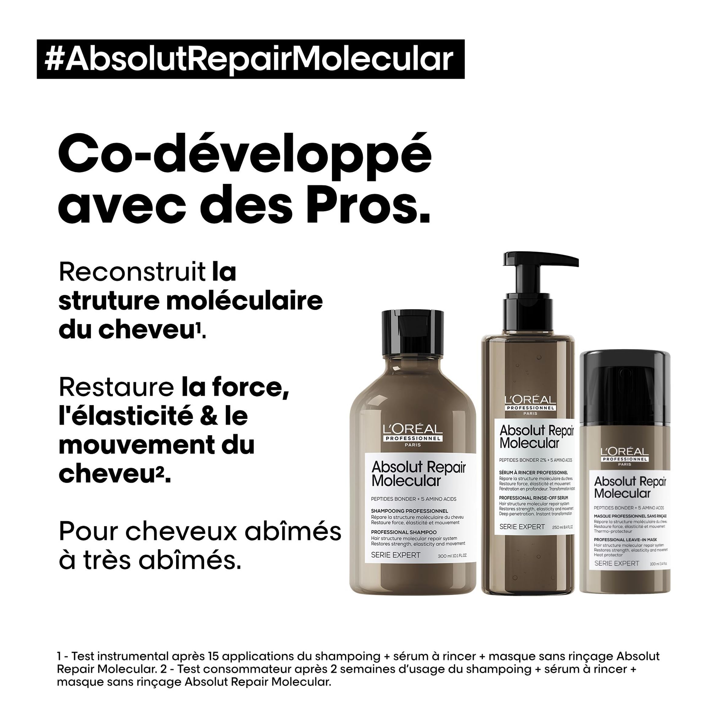 L’Oréal Professionnel, Routine Réparatrice Absolut Repair Molecular pour Tous Types de Cheveux Abîmés, Répare 2 ans de Dommages en Une Application, Formule brevetée, Shampoing + Sérum + Masque