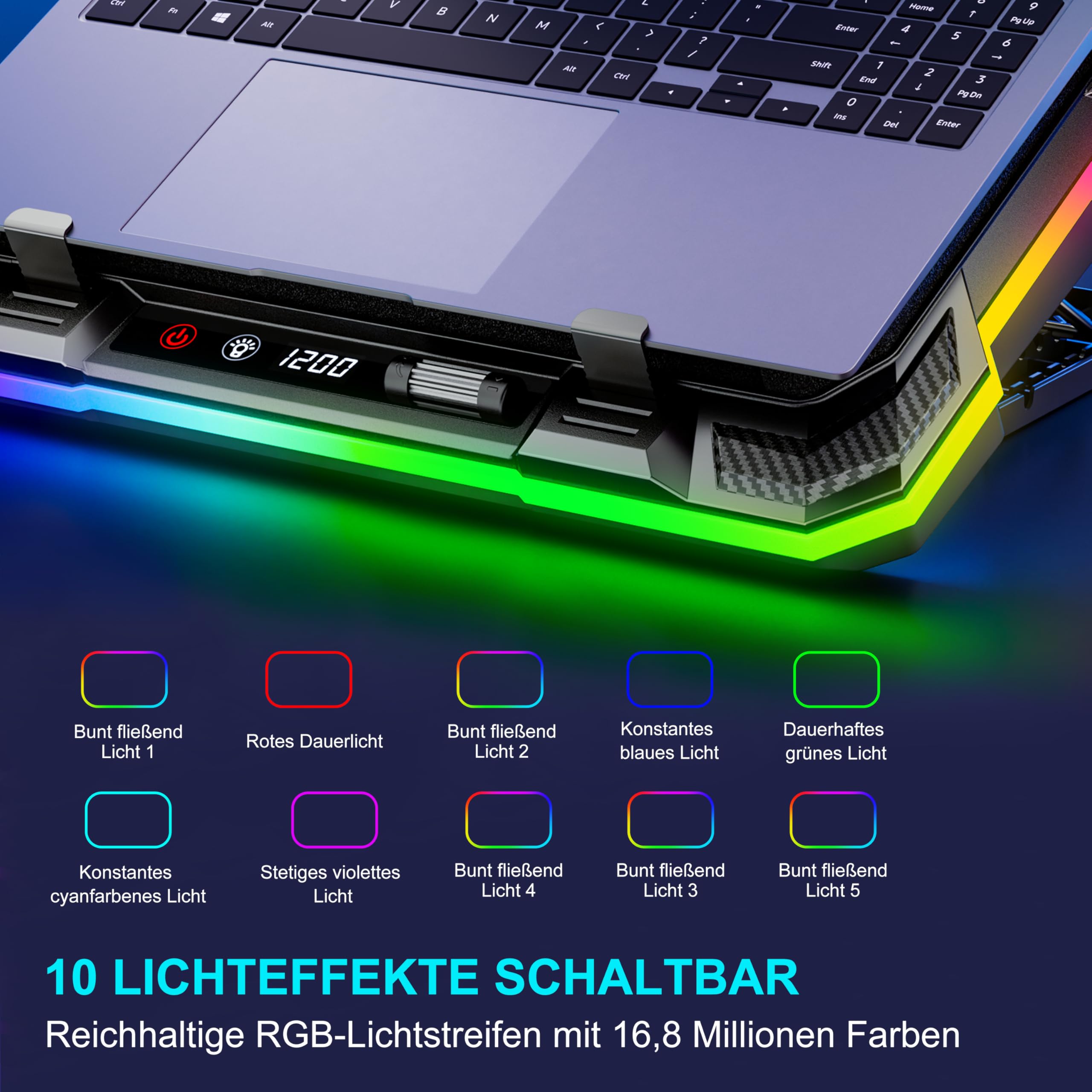 Laptop Kühlkissen Leistungsstarker Turbolüfter RGB Gaming Notebook Kühler Laptop Lüfter Kühlständer mit 8 Höhenverstellbar und Handyständer, für 14-19 Zoll Laptop - Farbiges LED Licht