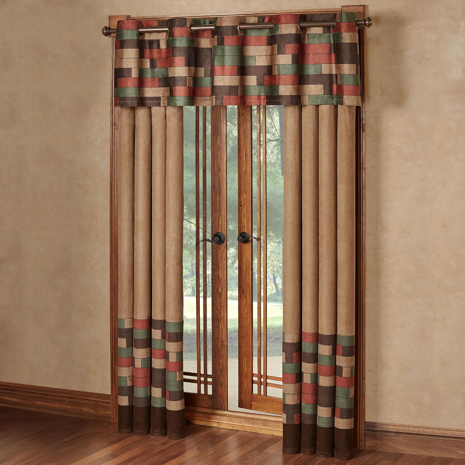 Emerson Faux Suede Color-Block Window Treatments | Warm, Rich Earth Tones | Geometric Printed Blocks | Antique Gold Grommets | Grommet Top Drapery Set: Wide Grommet Valance & 84L Grommet Curtain Pair