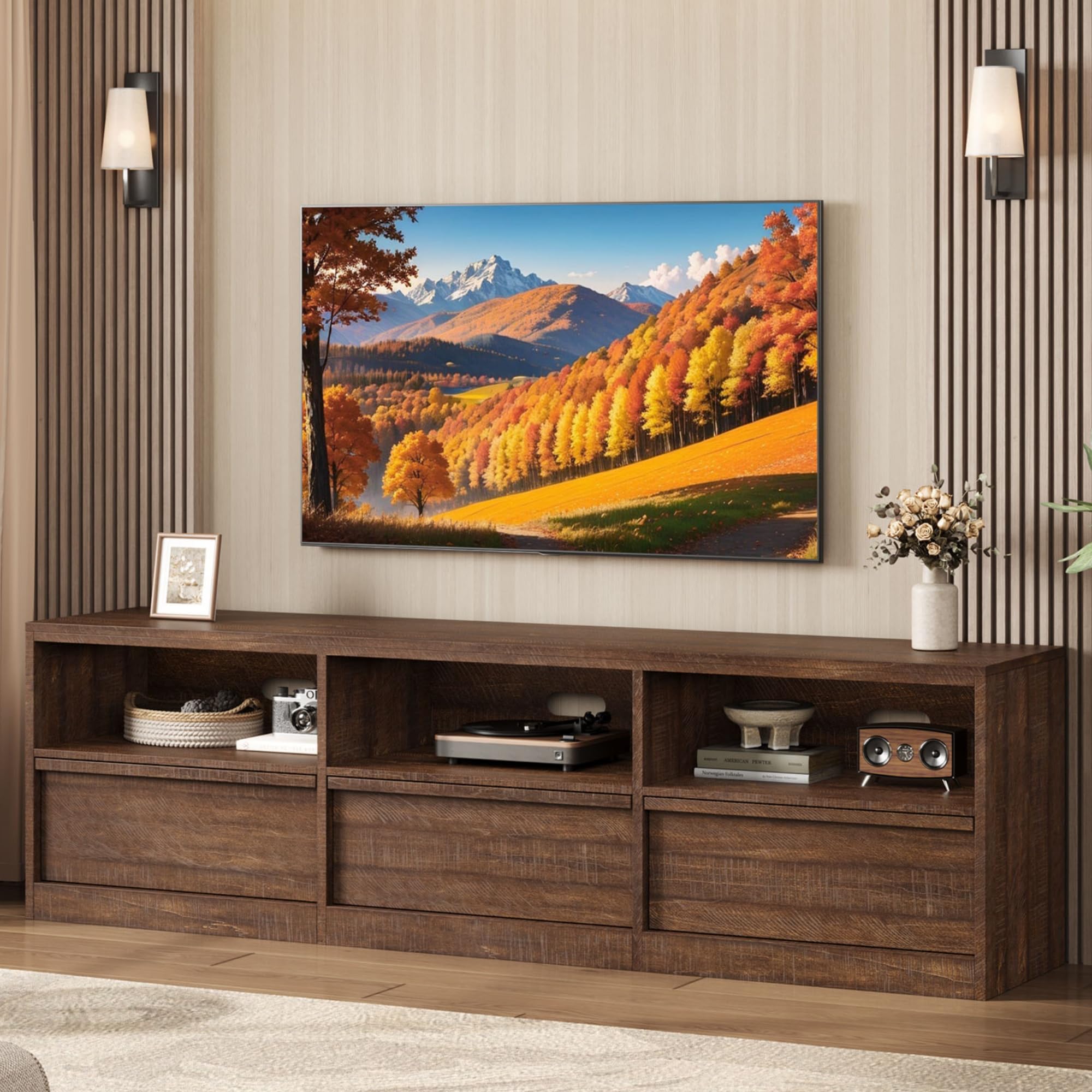 GarveeHome 70in TV Stand for TVs up to 85", Mid Century Modern Entertainment Center with Storage Drawer & Open Shelves, Heavy Duty Media Console for Living Room and Bedroom, Vintage