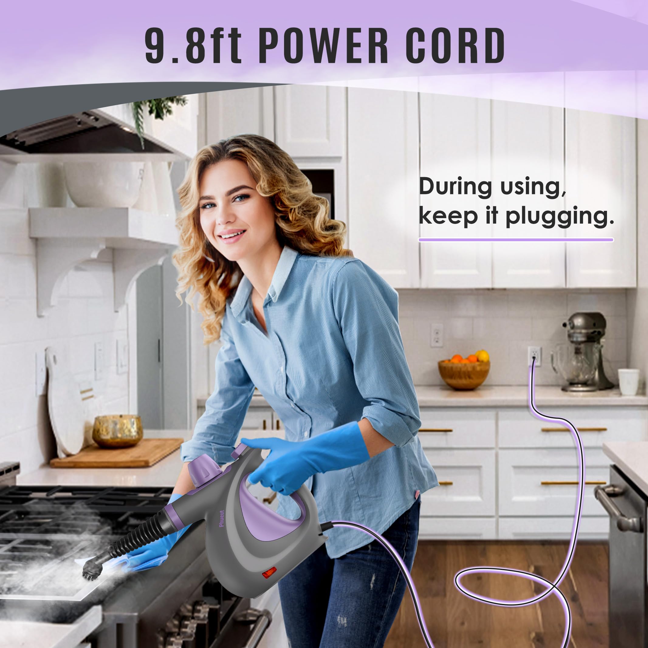 Pressurized Handheld Multi-Surface Natural Steam Cleaner with 12 pcs Accessories, Multi-Purpose Steamer for Home Use, Steamer for Cleaning Floor, Upholstery, Grout and Car () (Grey): Purple
