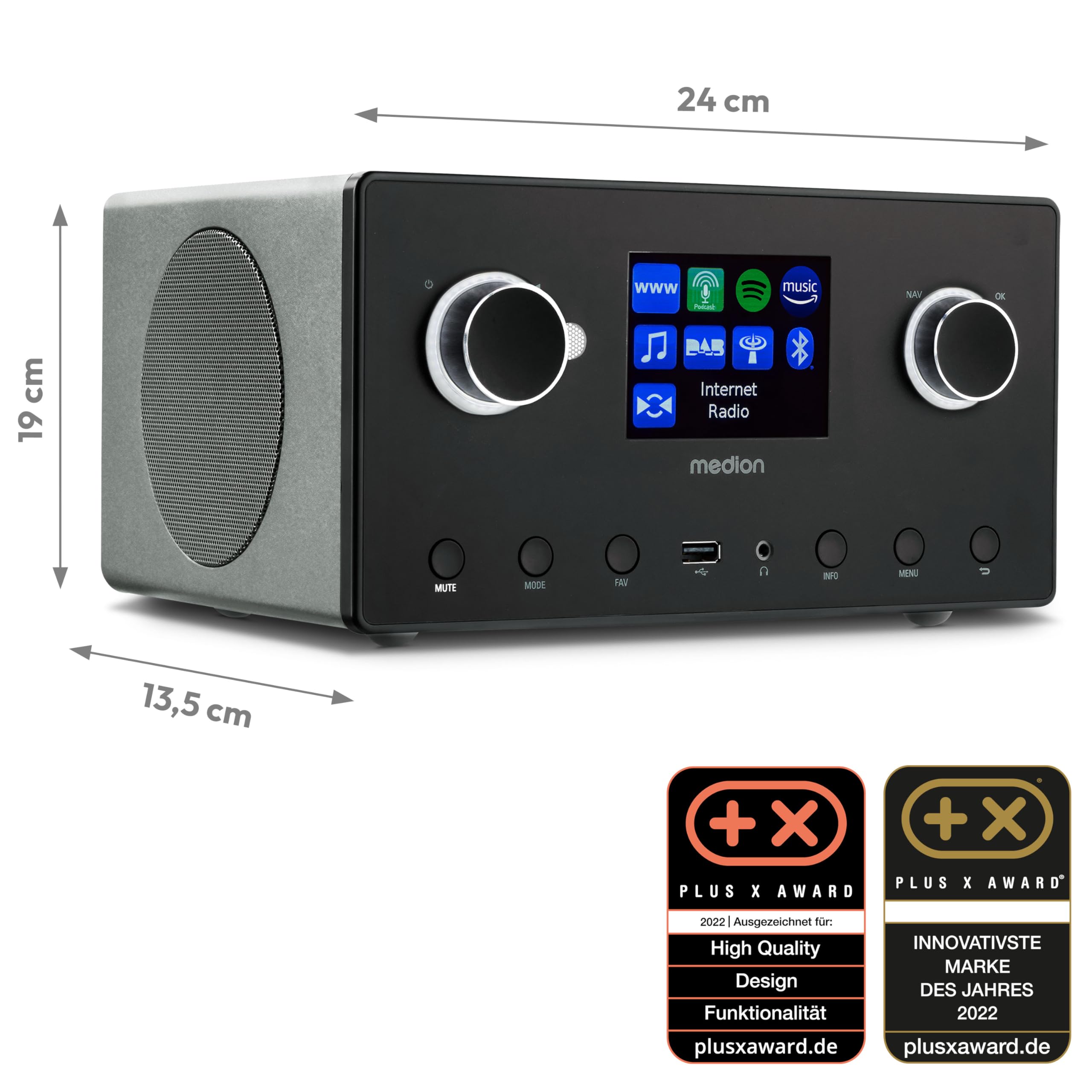 MEDION P85444 2.1 Radio Internet avec Subwoofer (Dab+, Radio FM, Spotify, WiFi, Bluetooth, Streaming, égaliseur, écran Couleur, USB, AUX, Réveil, Fonction Snooze, Sleep Timer) Titane