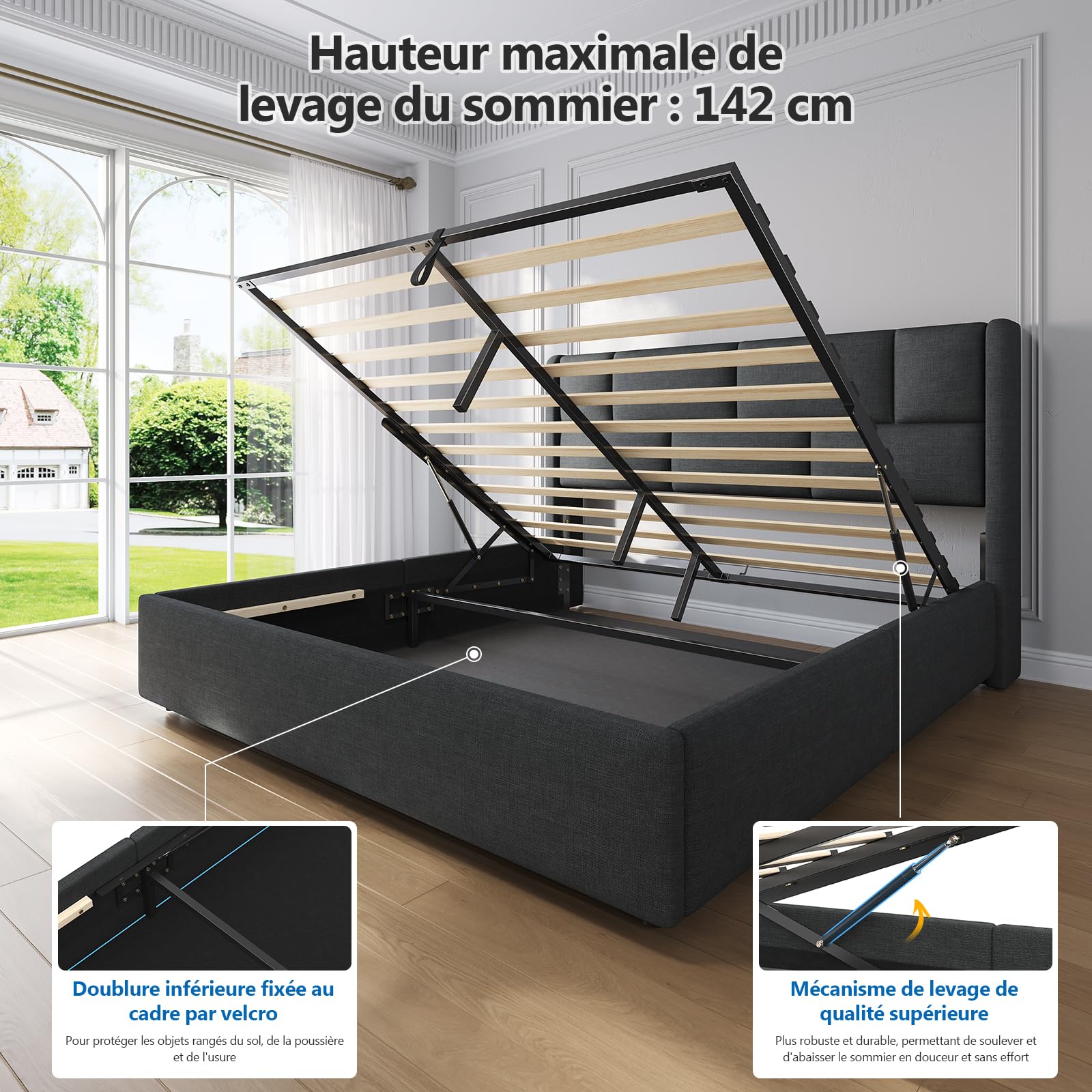 Brinlawb Lit Coffre 160x200 cm avec Rangement, système hydraulique, Cadre de lit 160x200 avec sommier et multiprise, lit Double 160x200 cm avec tête de lit réglable en Hauteur, lit 2 Personnes, Gris