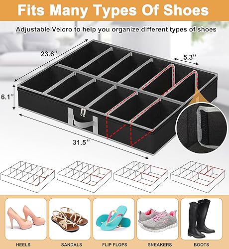 Miniatura 3 de punemi Under Bed Shoe Storage Organizer, Adjustable Velcro Shoe Organizer Under Bed With Bottom Support & 3 Sturdy Handles, Underbed Shoe Organizers