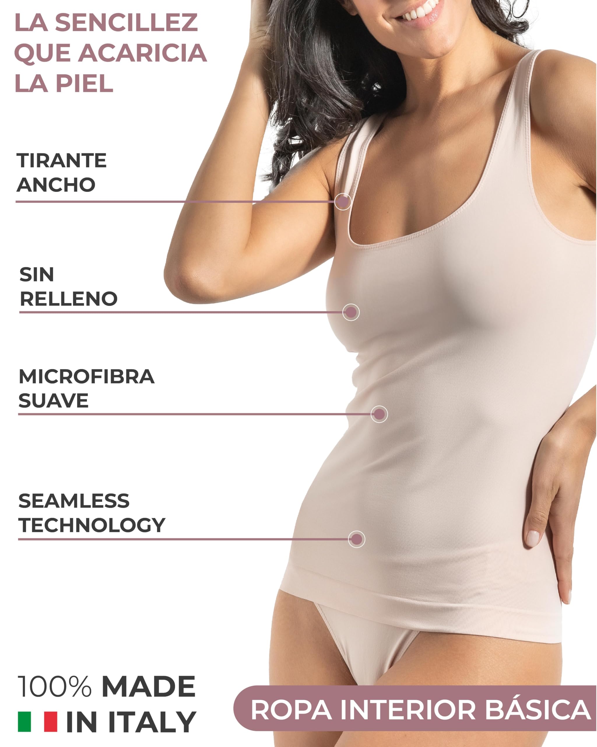Risalti Camiseta Tirantes Mujer Hombro Ancho de Microfibra 3 Pzs - Camiseta Mujer Sin Manga Elegante, Top más Suave Que el Algodon, Camisetas Sin Costura y Etiquetas - Made in Italy