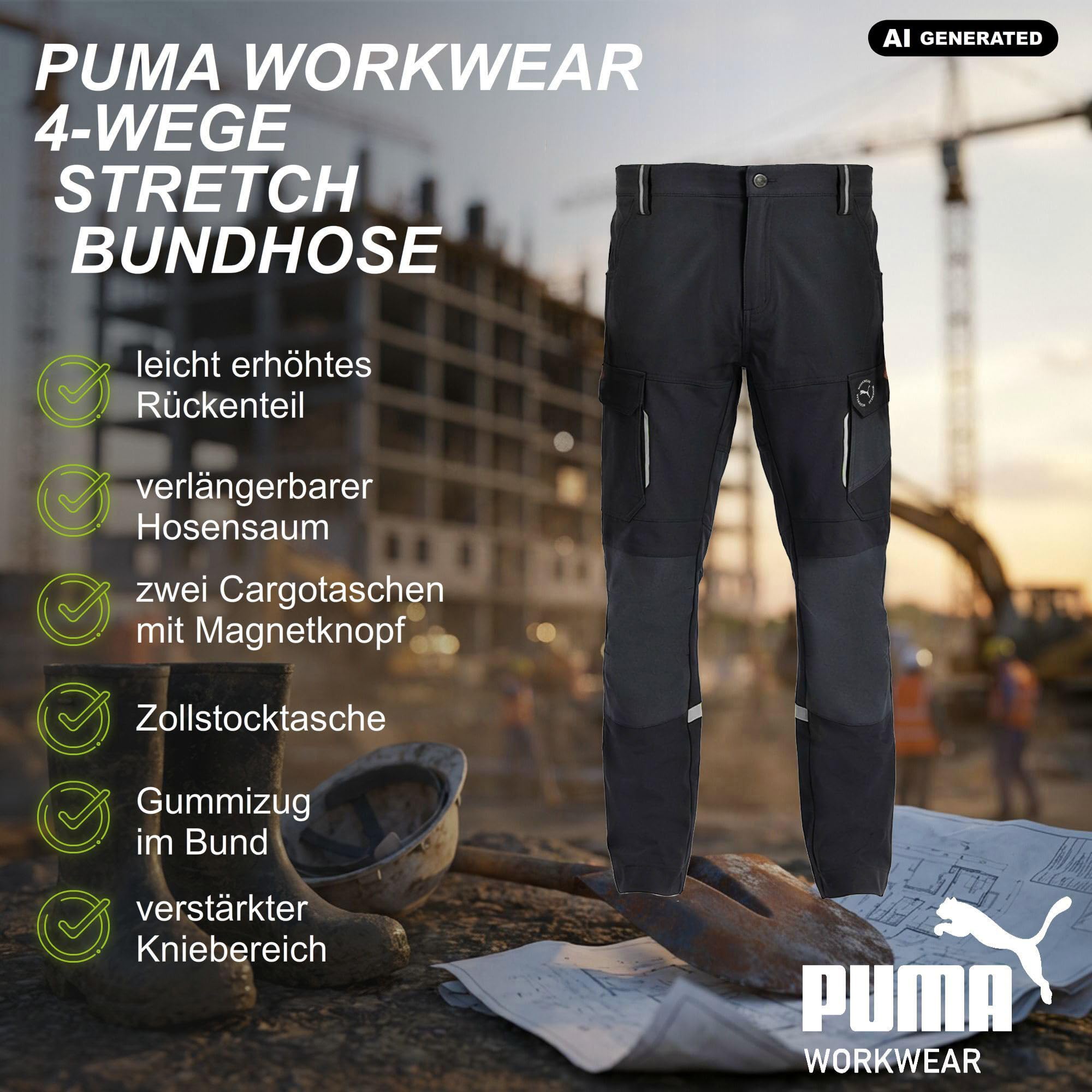 PUMA Workwear męskie spodnie robocze – z 4-kierunkowym stretchem – wytrzymałe spodnie ze wzmocnionym obszarem kolan i gumowym ściągaczem w pasie – podwyższona część pleców – spodnie z przedłużonym