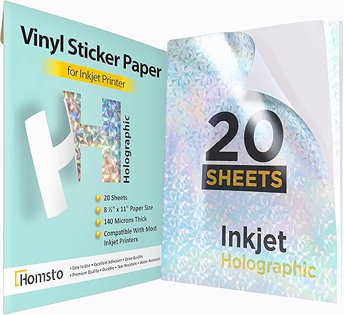 Papel adhesivo holográfico, papel adhesivo de vinilo imprimible para impresora de inyección de tinta, 20 hojas de papel adhesivo impermeable, papel
